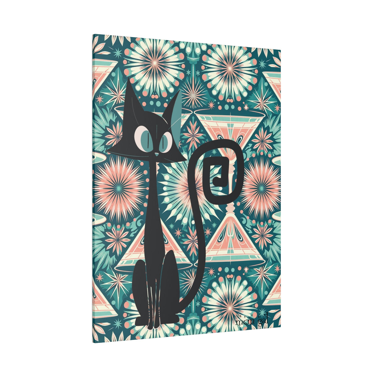 Mid Century Modern Wall Art, Original Atomic Kitschy Cat, Teal, Pink 50s Style Matte Canvas Canvas 30" x 40" (Vertical) / 0.75''