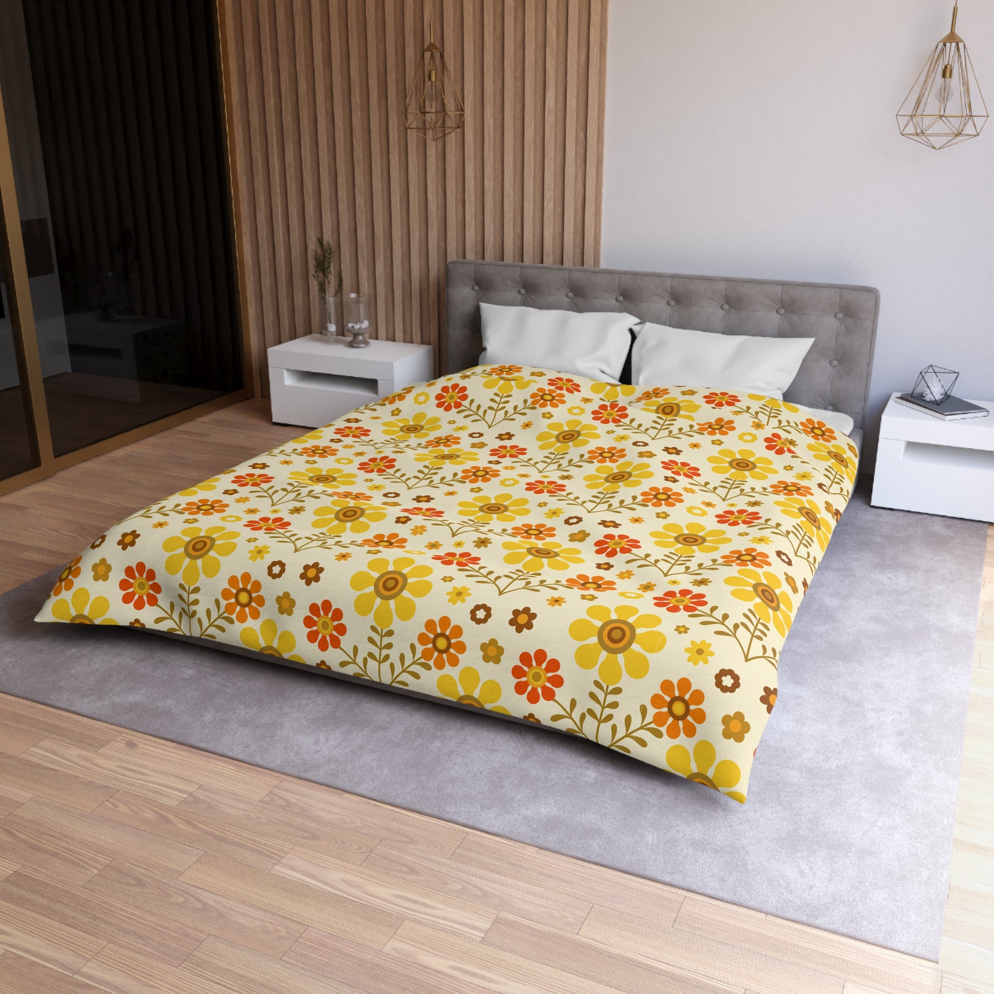 70s Flower Power Orange, Yellow Soft Daisy Retro Duvet Cover Duvet Cover - Mid Century Modern Gal