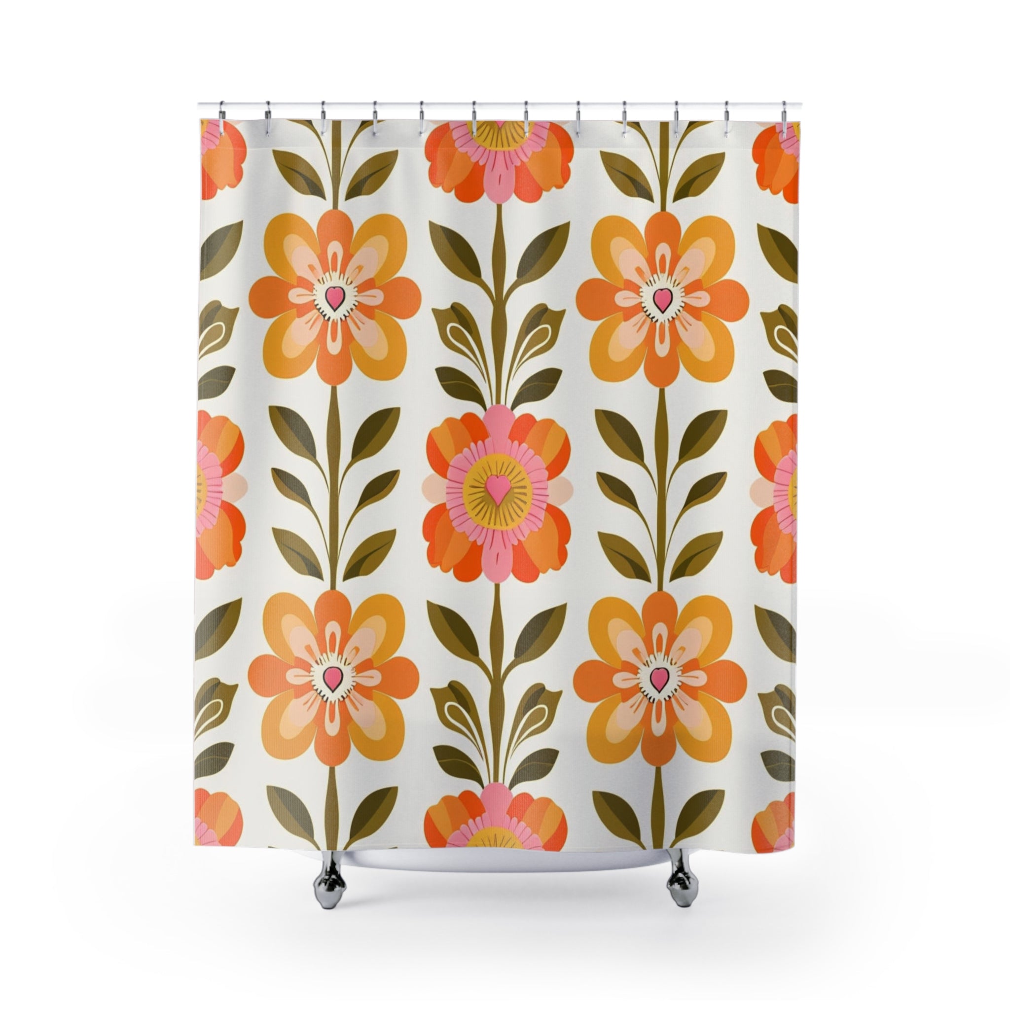 Scandinavian Floral Modern Danish Orange Yellow Green Boho Floral Shower Curtain - Mid Century Modern Gal