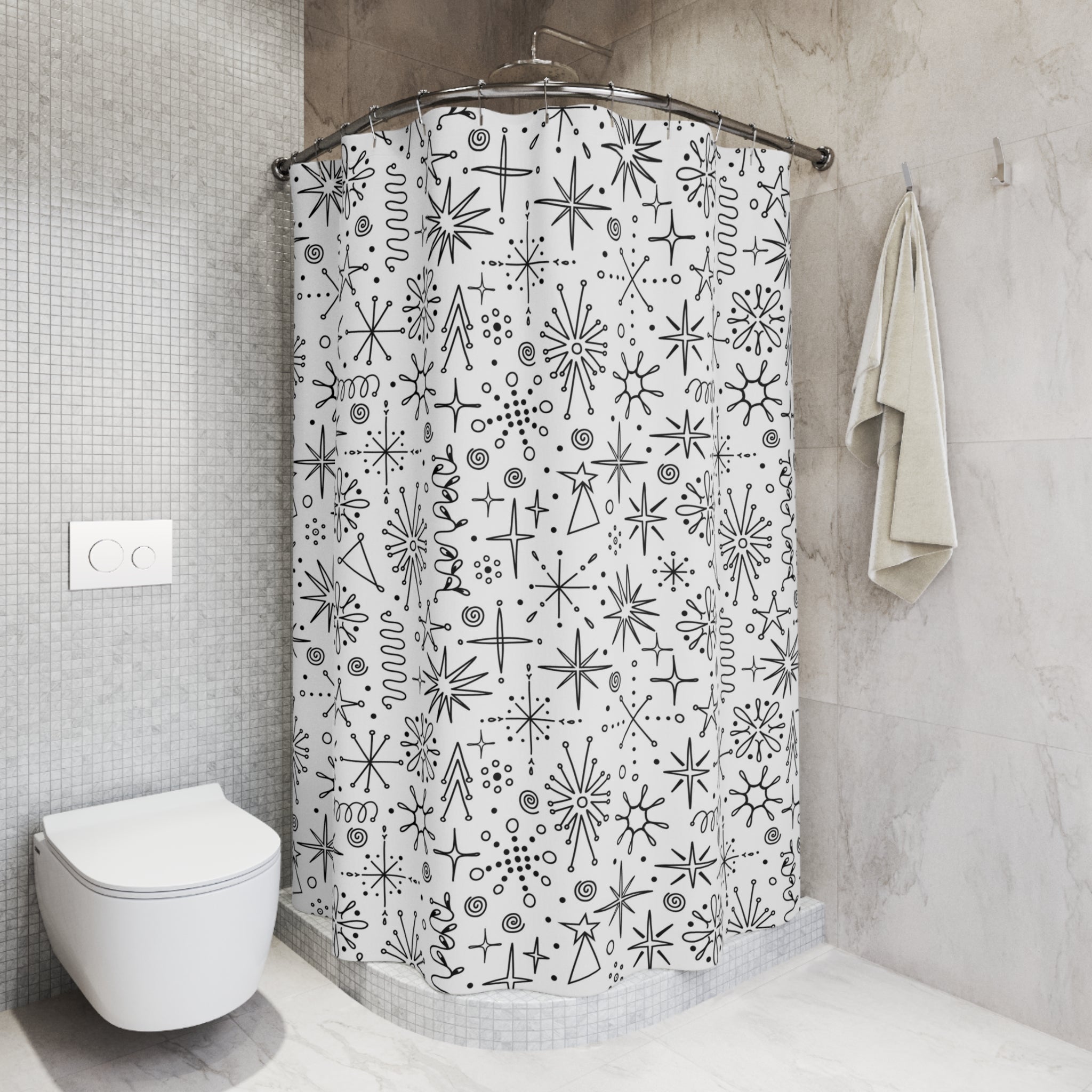 Atomic Space Doodle Art Retro Mod Shower, Black And White Shower Curtain - Mid Century Modern Gal