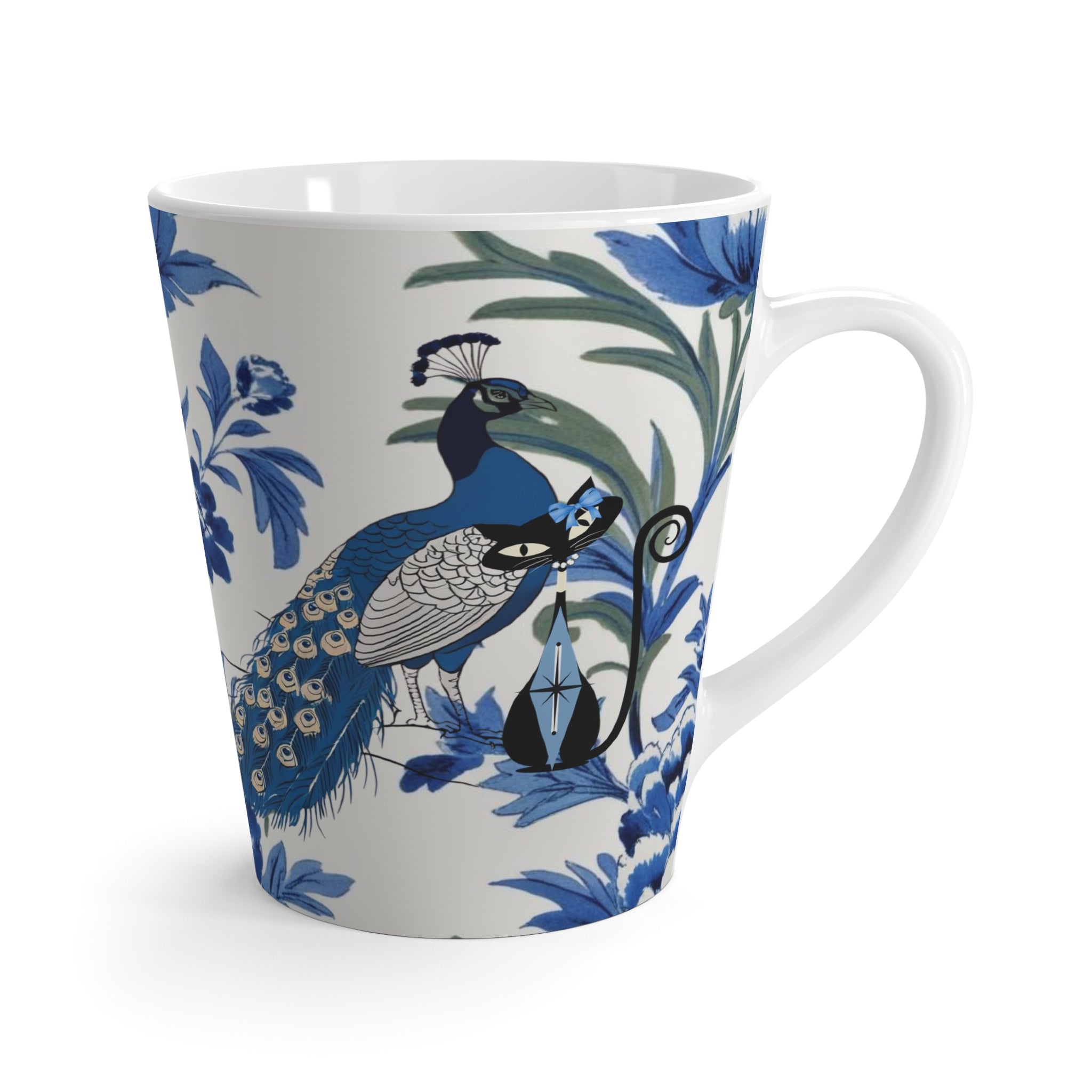 Chinoiserie Elegant Peacock, Atomic Cat Black Cat Lover, Latte Mug - Artistic Blue Floral Design - Mid Century Modern Gal