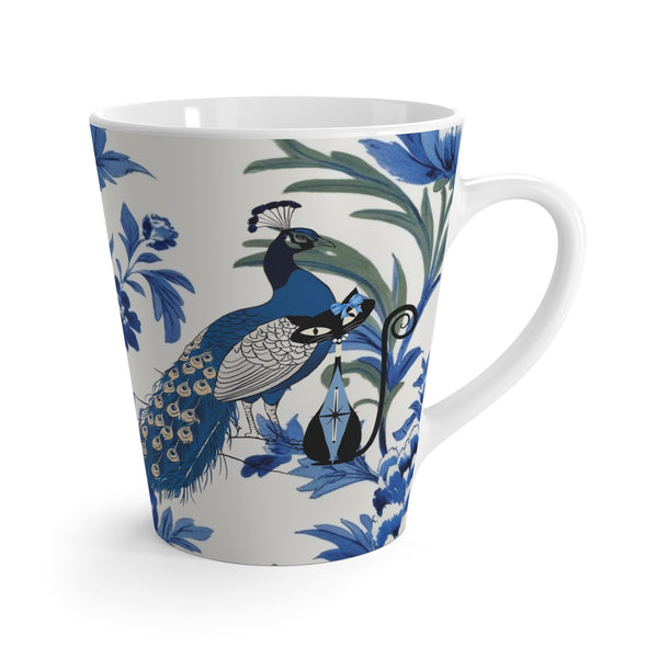 Chinoiserie Elegant Peacock, Atomic Cat Black Cat Lover, Latte Mug - Artistic Blue Floral Design
