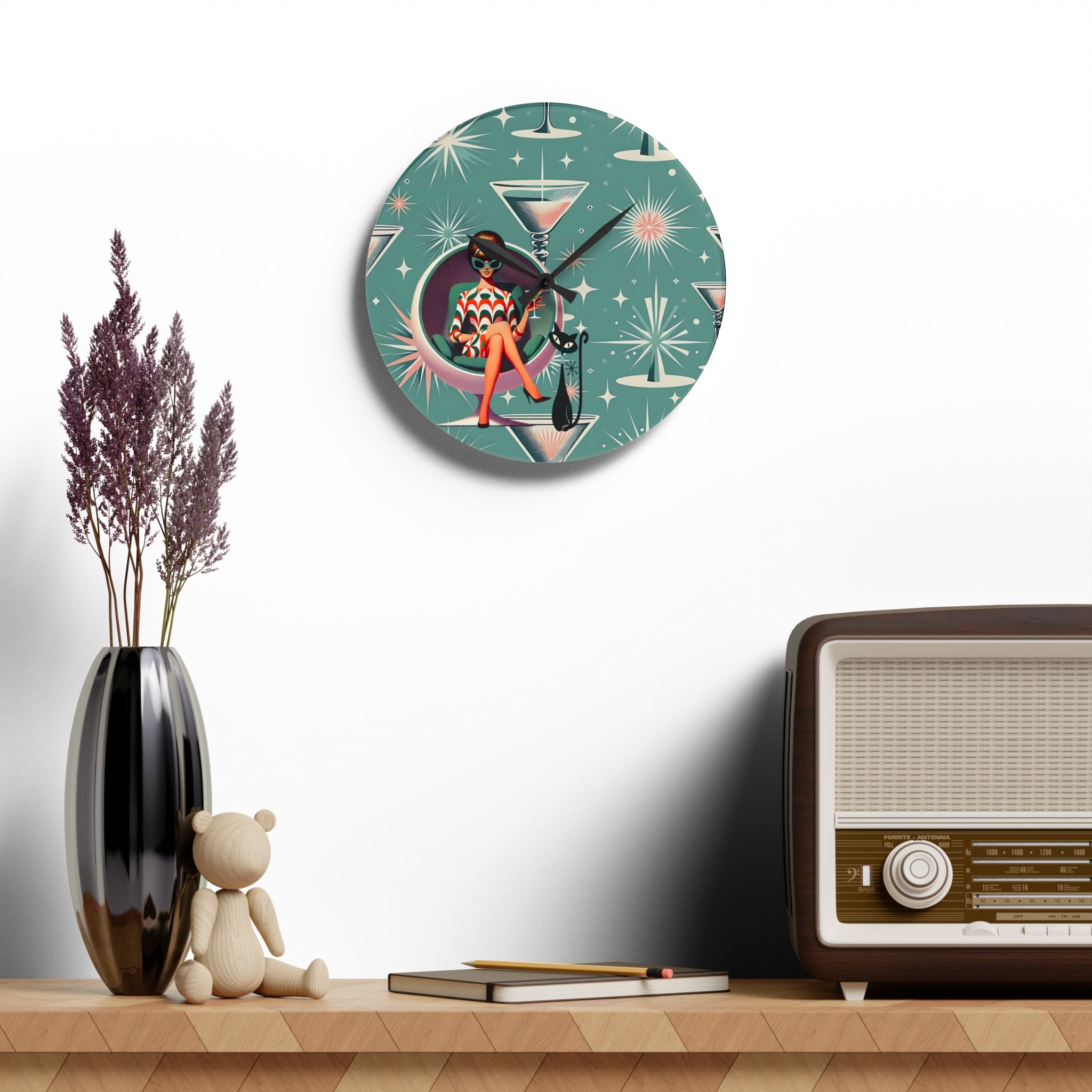 Retro 60s Gal, Martini Lover, Atomic Cat Glam Acrylic Wall Clock - Mid-Century Modern Design with Chic Cocktail Vibe - Mid Century Modern Gal