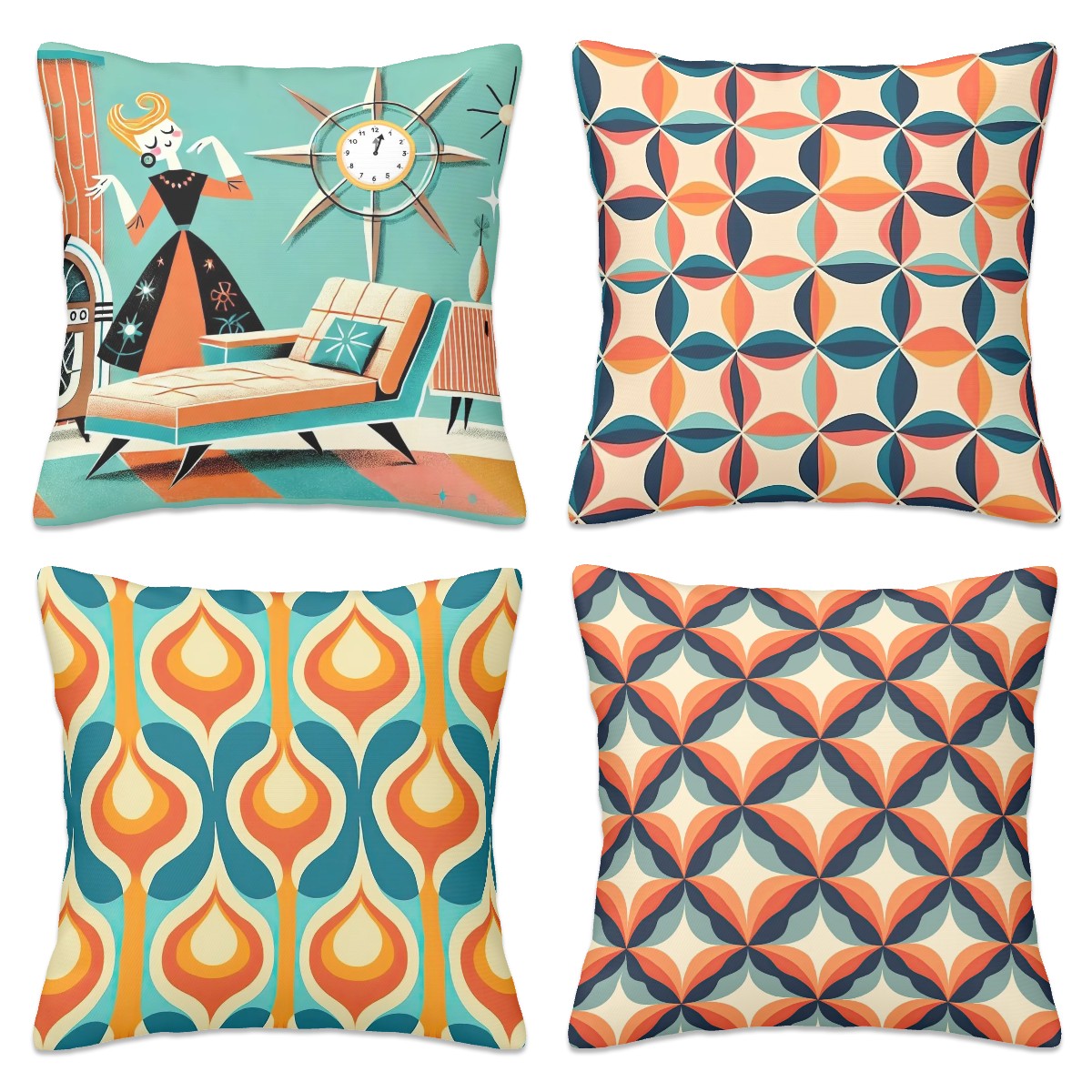 Mid Century Modern Orange, Aqua Teal Set Of Four Mod Pillow Covers All Season - Mid Century Modern Gal