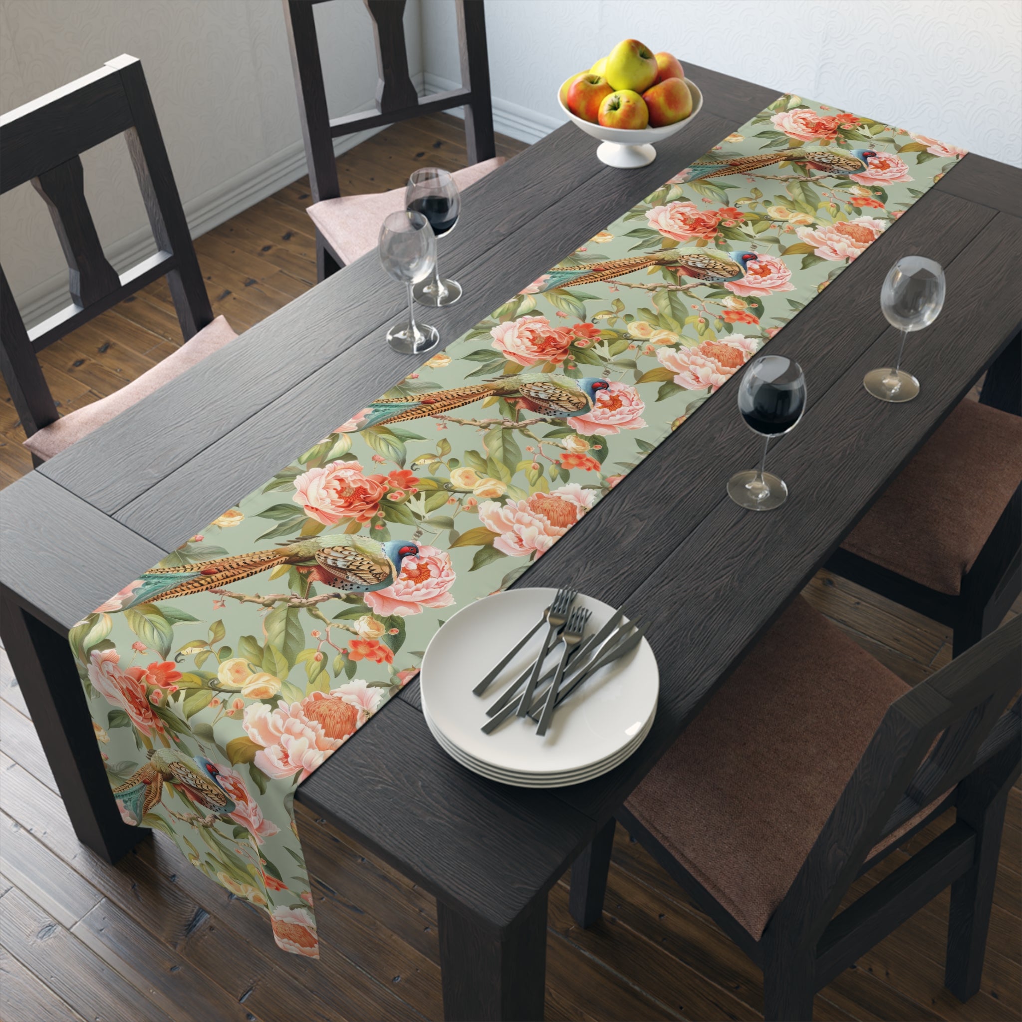 Chinoiserie Pheasant Floral Bird Table Runner - Elegant Table Linens - Mid Century Modern Gal