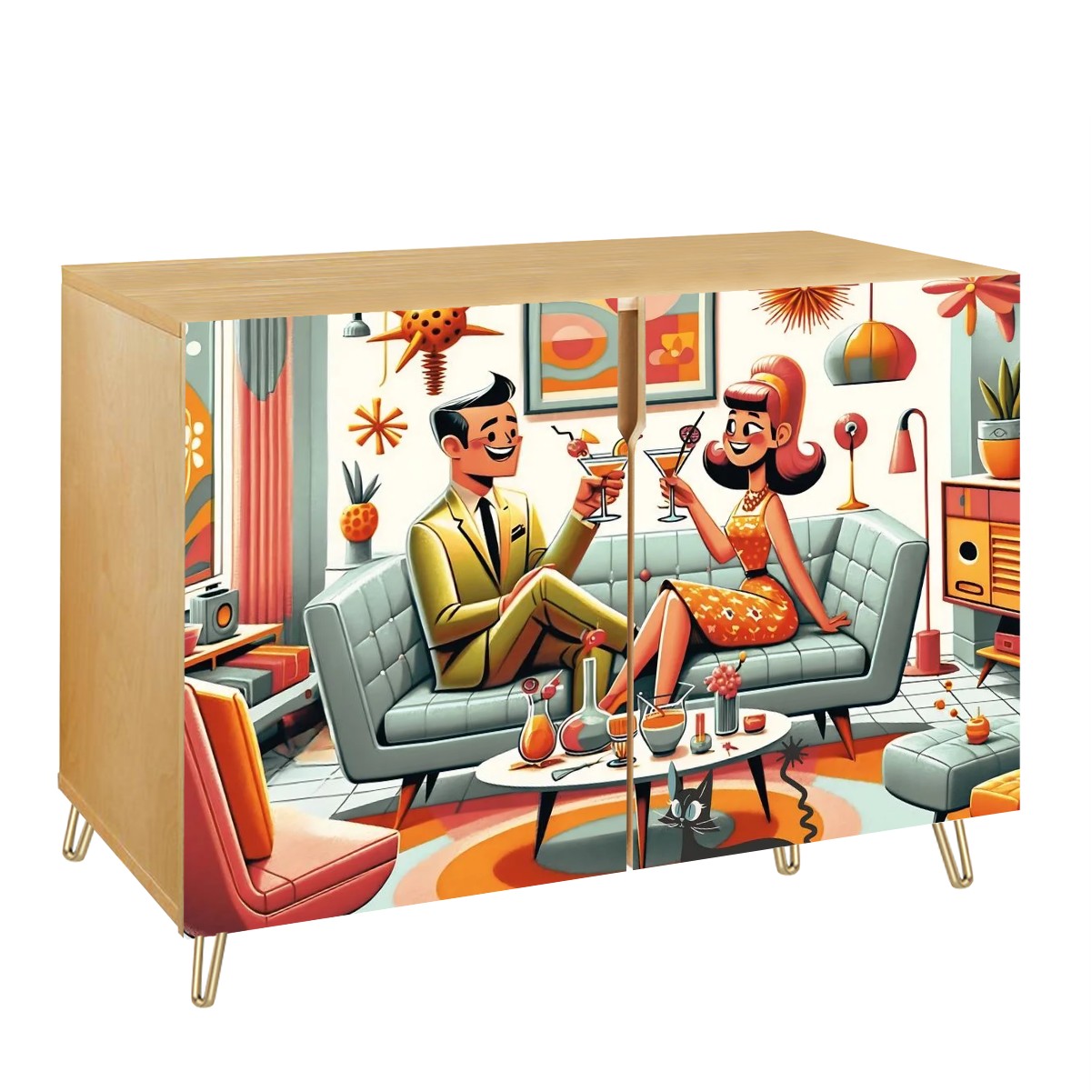 Mid Century Modern Bar Cabinet, Kitschy Mod Sideboard Wooden Storage Cabinet With Mod Couple - Mid Century Modern Gal