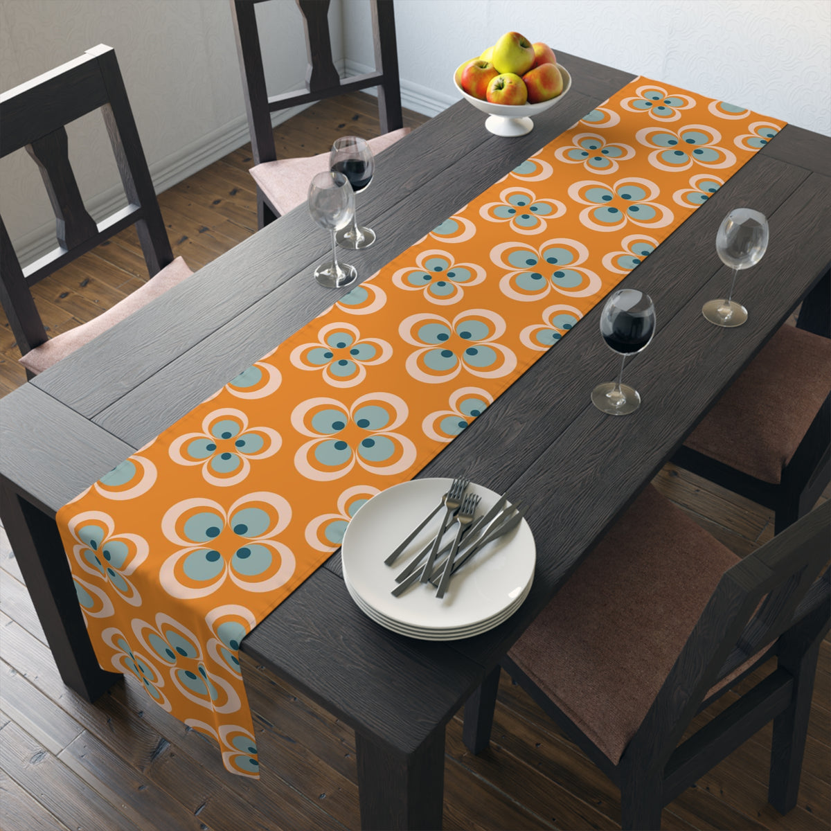 Mid Century Modern Table Runner, Retro Scandinavian Modern Danish Geometric Design, Orange, Blue Table Runner - Mid Century Modern Gal