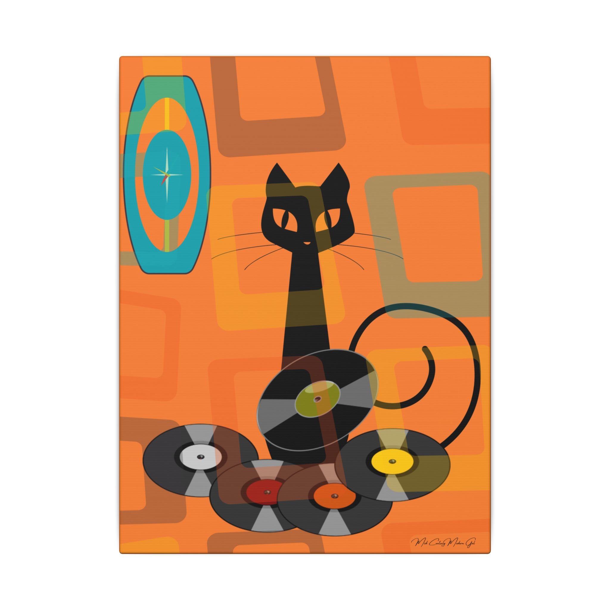 Atomic Cat Retro Groovy Records Mid Century Modern Orange Geometric, Canvas Gallery MCM Mid Mod Wall Art - Mid Century Modern Gal
