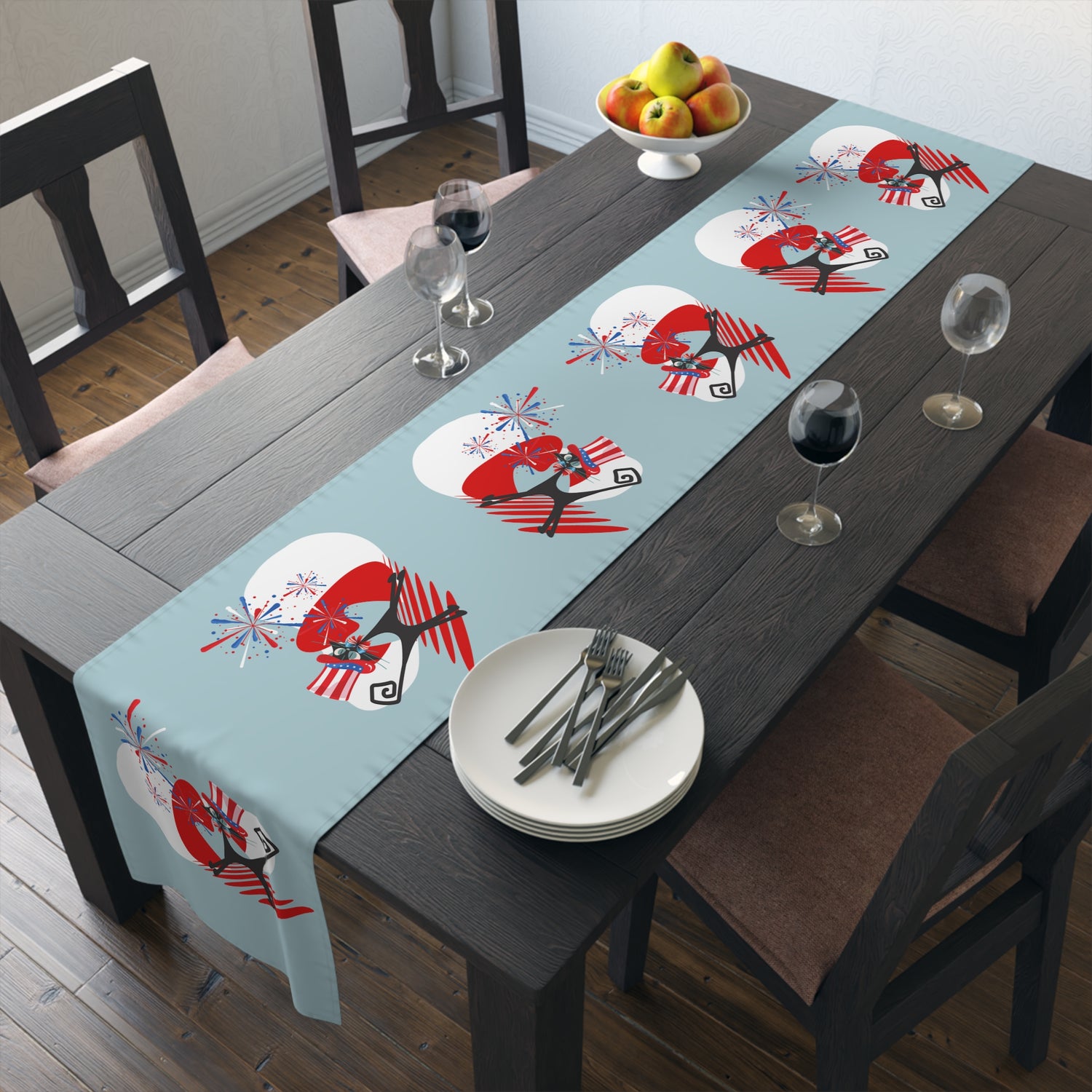 4th Of  July Party Table Accessories With Atomic Cats, Mid Mod Style Patriotic Table Runner - Mid Century Modern Gal