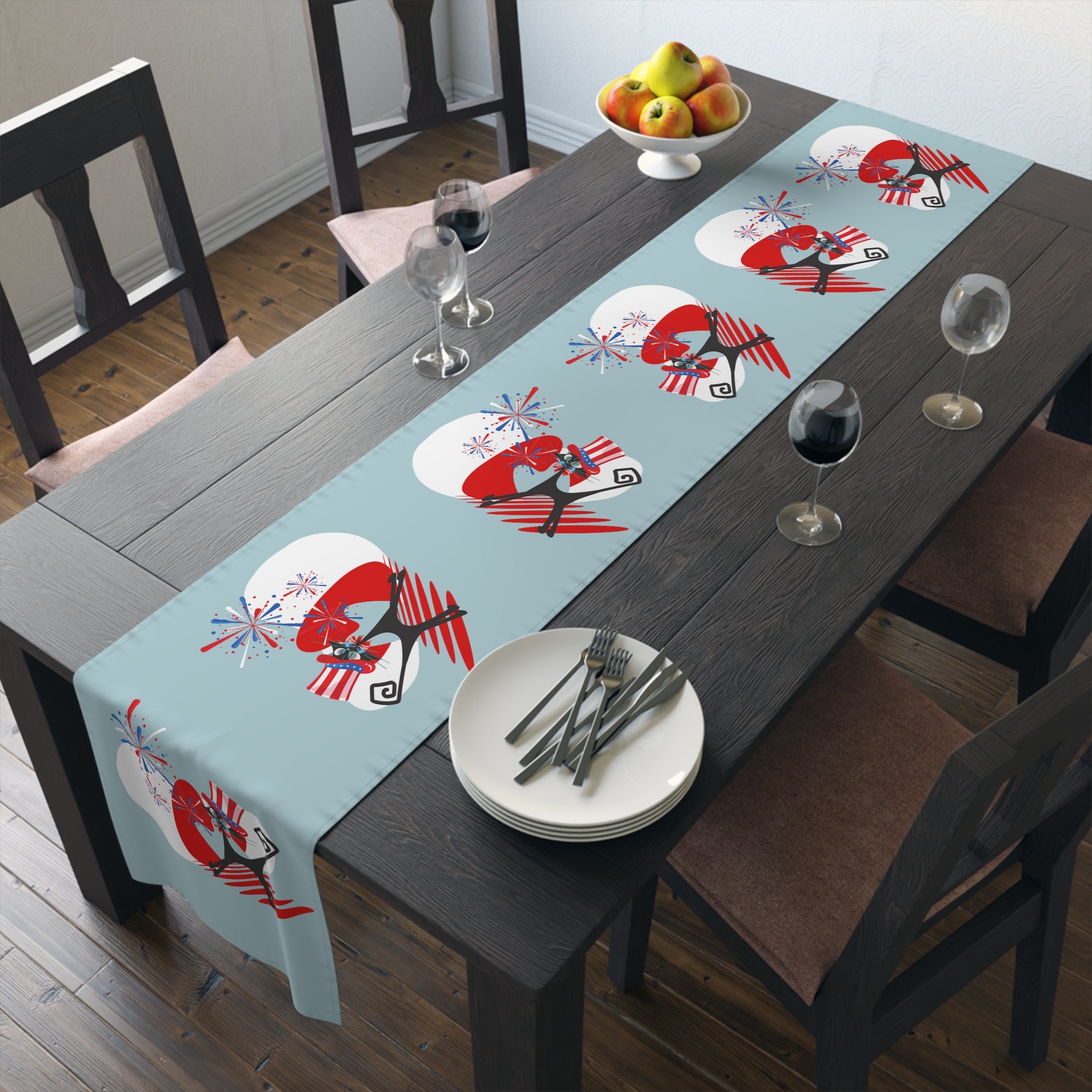 4th Of July Party Table Accessories With Atomic Cats, Mid Mod Style Patriotic Table Runner - Mid Century Modern Gal