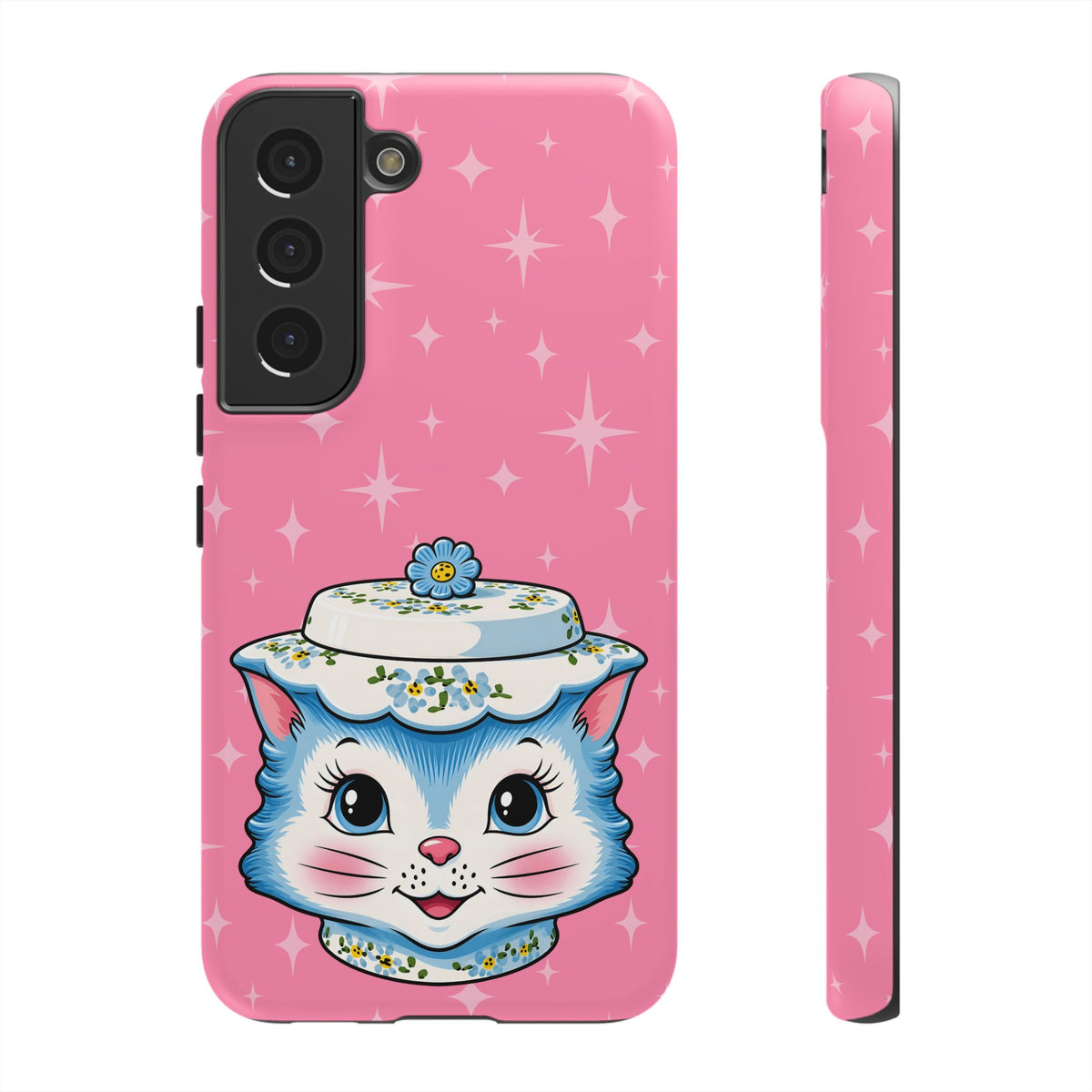 Mid Century Modern Kitschy Anthropomorphic Blue Cat with Floral Hat Tough Phone Case