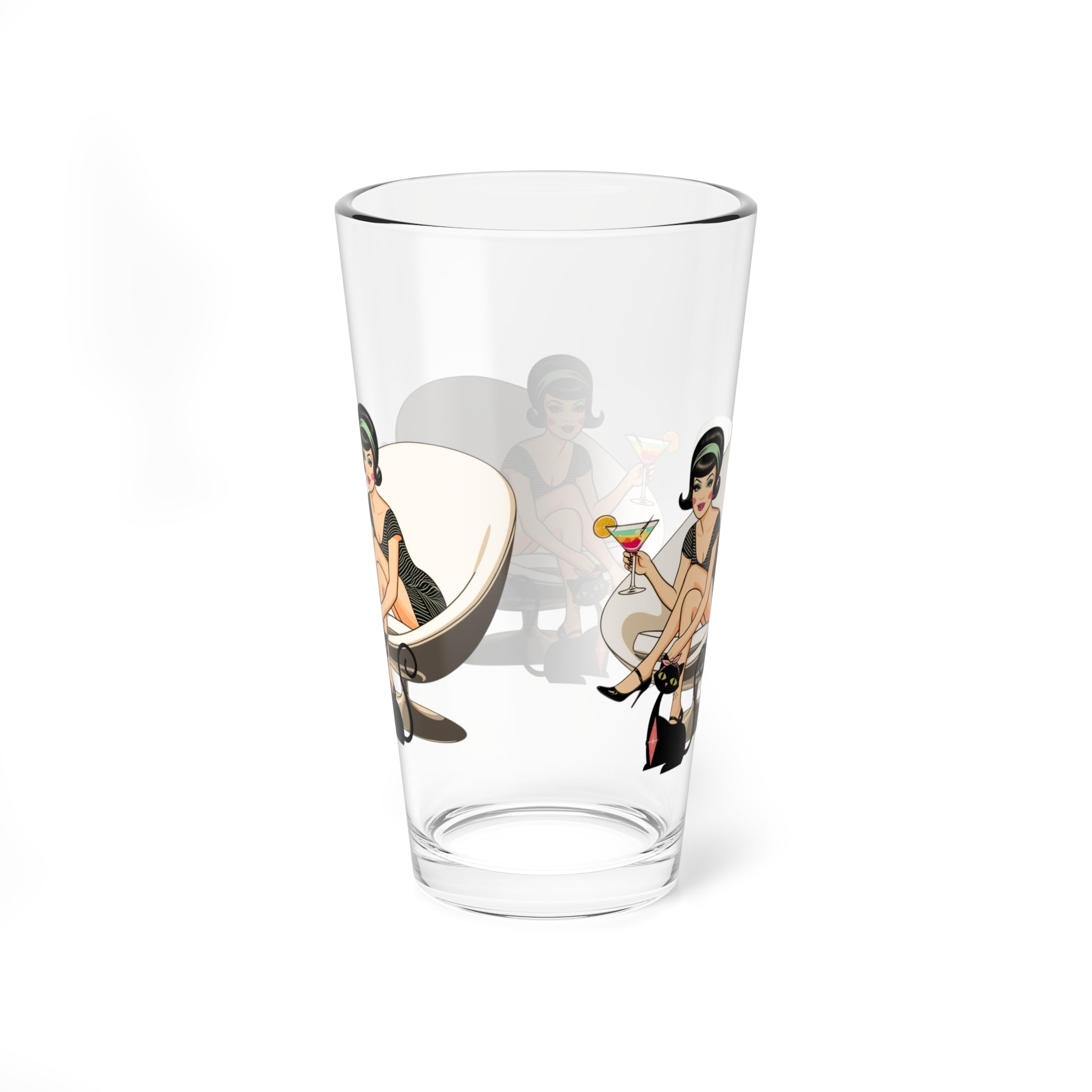 Mid Century Modern Gal, Atomic CatRetro Cocktail Glass - 16oz Stylish Barware with Mid Mod Design - Mid Century Modern Gal