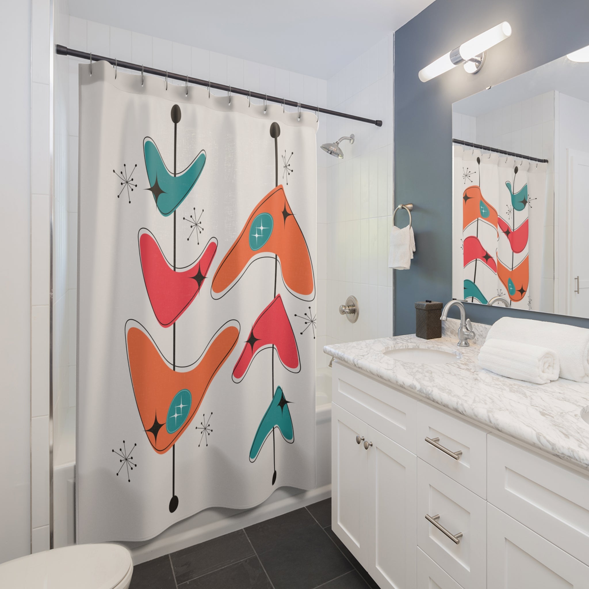 Mid Century Modern Shower Curtain, Atomic Boomerang, Starburst Space Age Decor - Mid Century Modern Gal