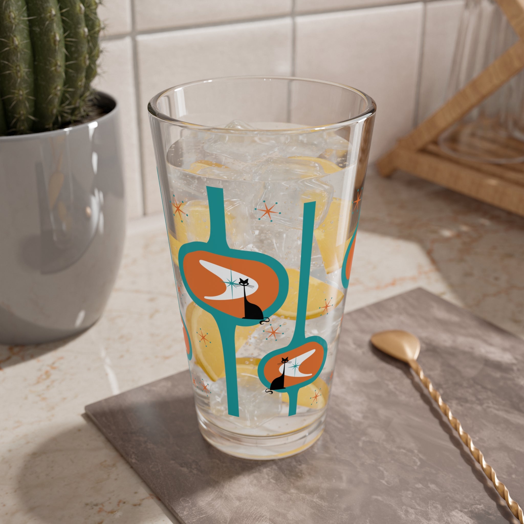 Atomic Cat Retro Mod Barware, Orange, Teal MCM Kitschy Mod 50s Inspired Glassware - Mid Century Modern Gal