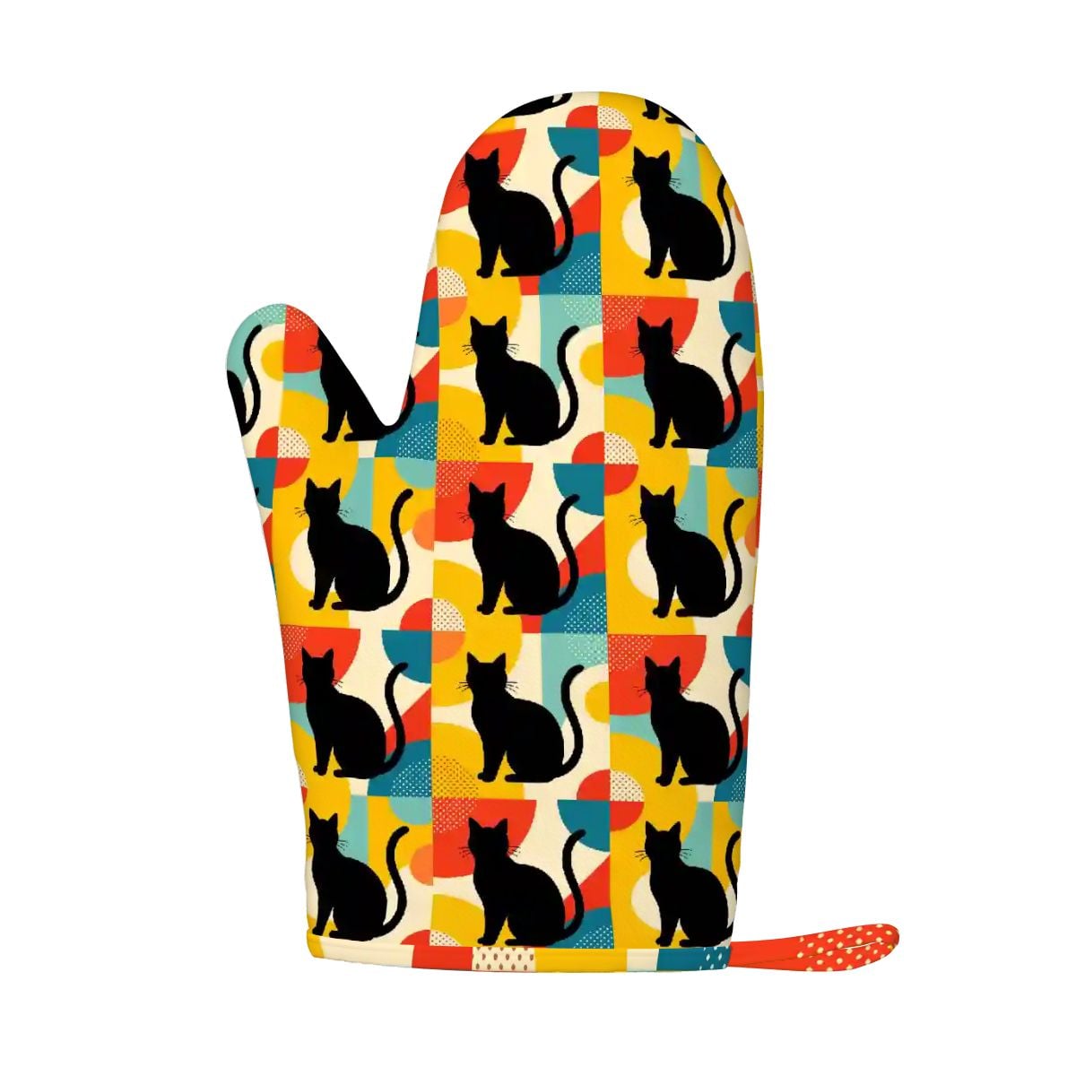 Pop Art Black Atomic Cats, Red Blue Yellow, Silicone Oven Mitts and Pot Holders Sets (Right Hand) - Mid Century Modern Gal