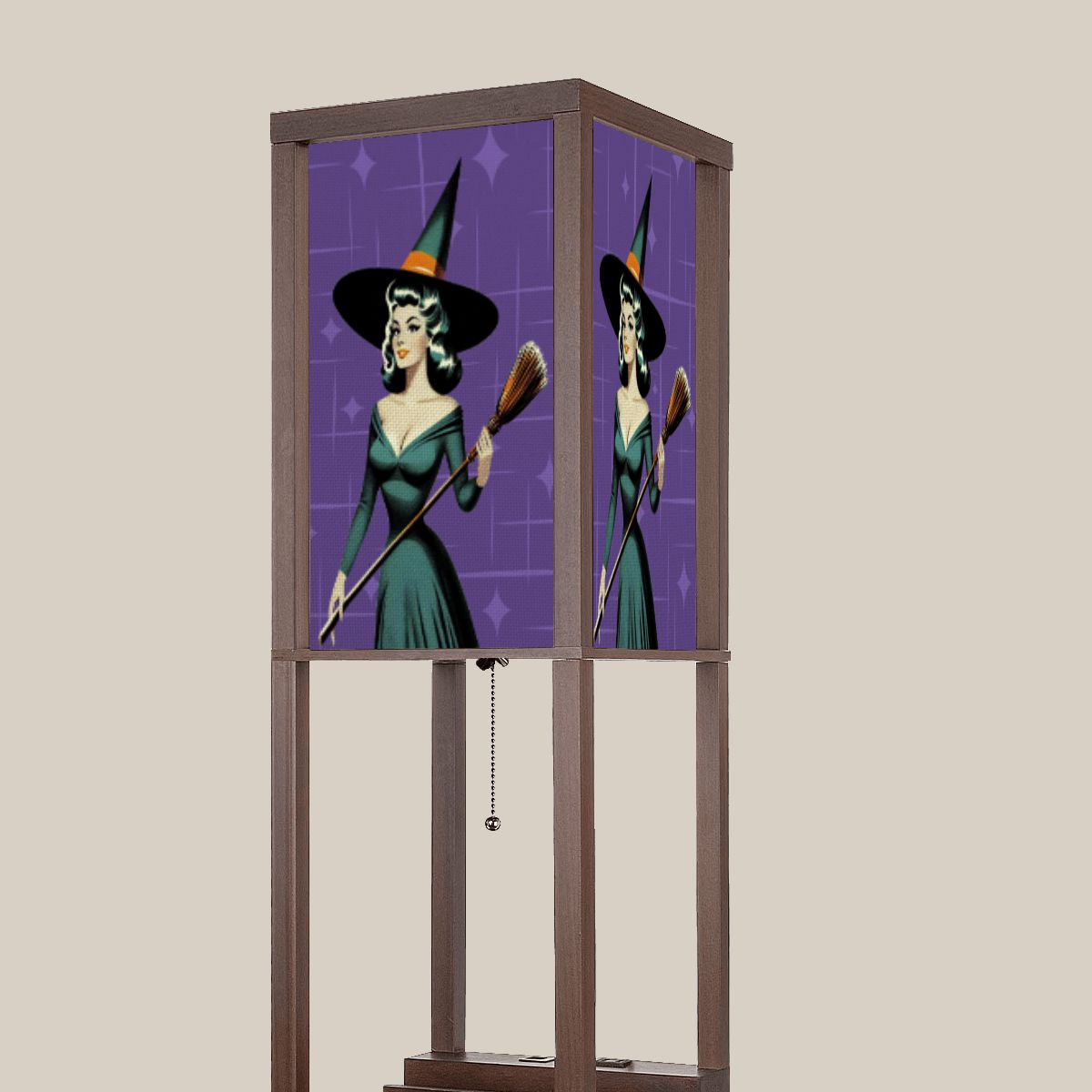 Mid Century Modern Vintage Pin Up Witch Purple Teal Halloween Lampshade for Floor Lamp with Shelves - Lampshade Only - Mid Century Modern Gal