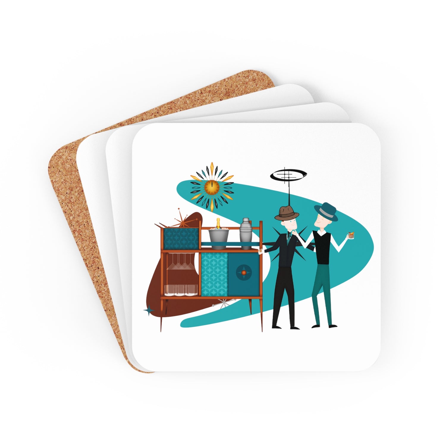Atomic Barware, Male Couple, Gay Couple, Mid Century Modern Kitsch 50s Corkwood Coaster Set - Mid Century Modern Gal