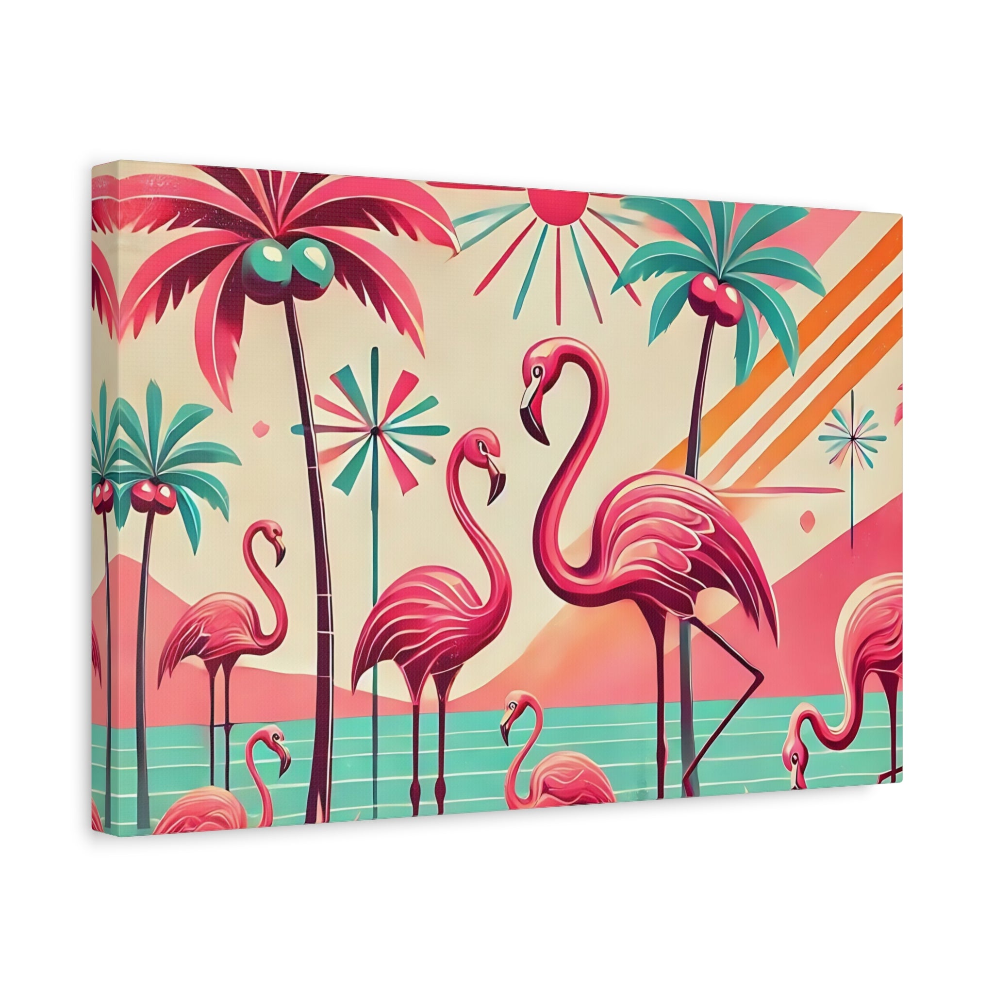 1950s Mid Century Modern Flamingo Art, Kitschy Pink, Teal, MCM Matte Canvas - Mid Century Modern Gal