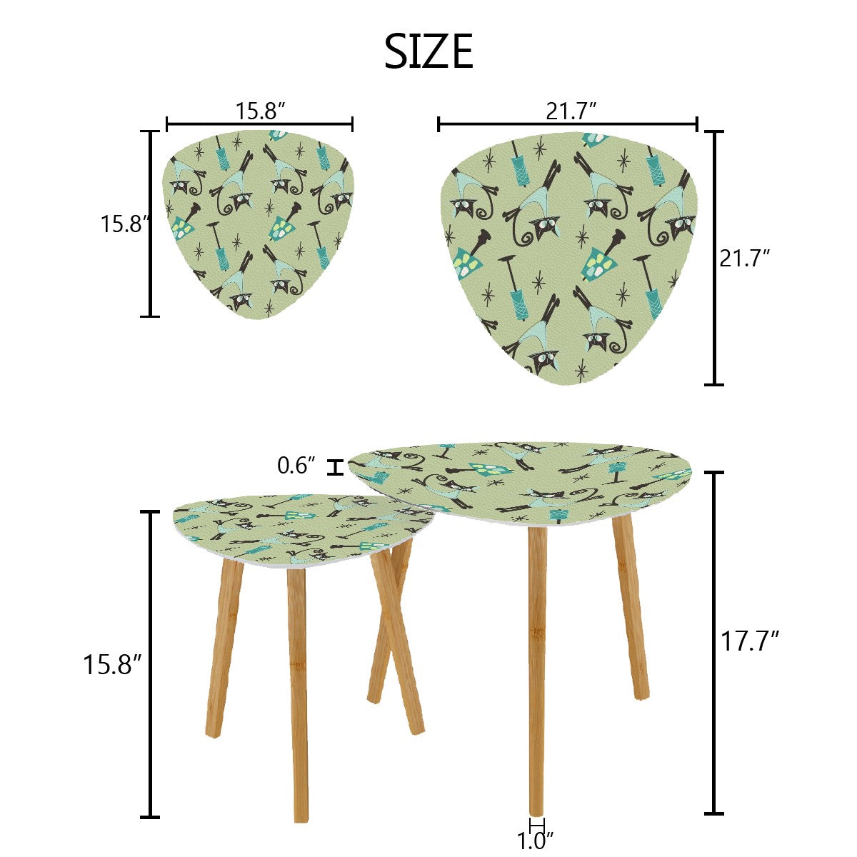 Atomic Cat Kitschy Mod Set Of Two Nesting Tables With Bamboo Legs - Mid Century Modern Gal