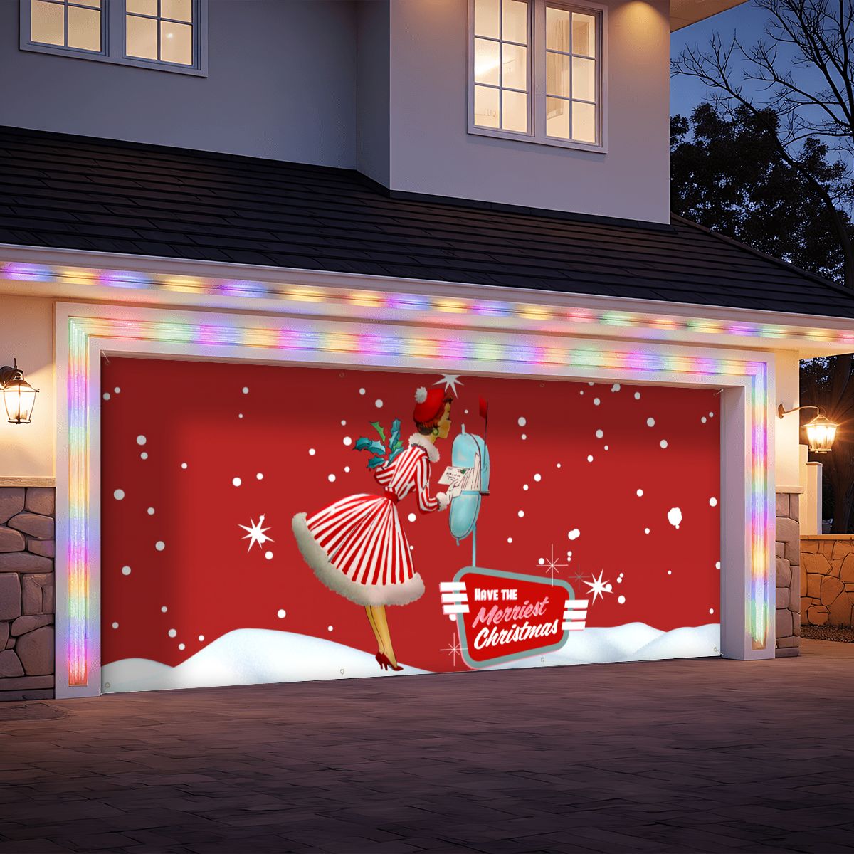 Mid Century Modern 50s Gal, Kitschy Holiday Red Christmas Garage Door Banner Backdrop - Mid Century Modern Gal