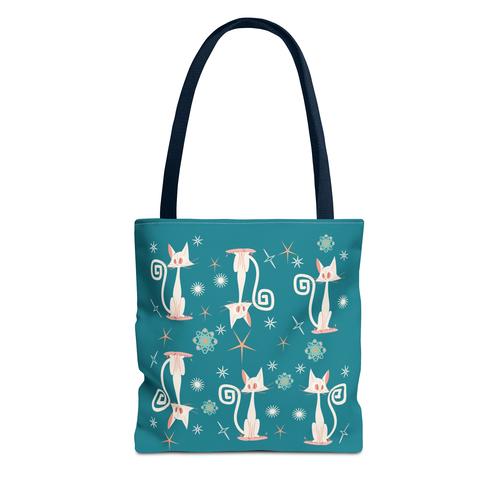 Atomic Kitties, White Kitschy Cats, Coral, Teal, Atomic Age Mid Century Modern Tote Bag