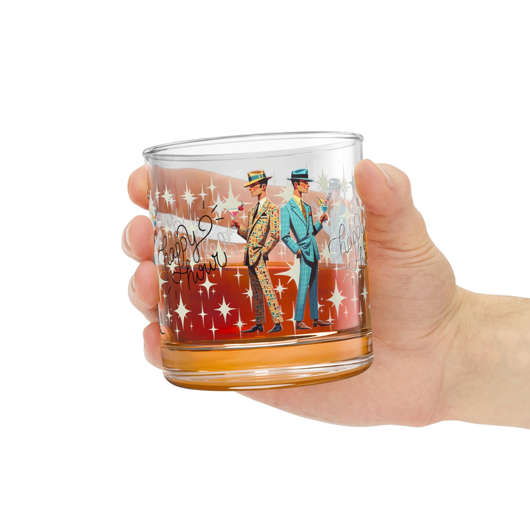 Mid Century Dapper Dudes, Gay Male Couple, Atomic Starburst Happy Hour Rock Glass, 10oz - Mid Century Modern Gal
