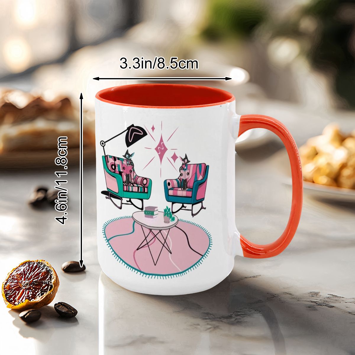 Colorful 15oz mug featuring atomic reading cats and mid-century modern decor, perfect for retro enthusiasts.
