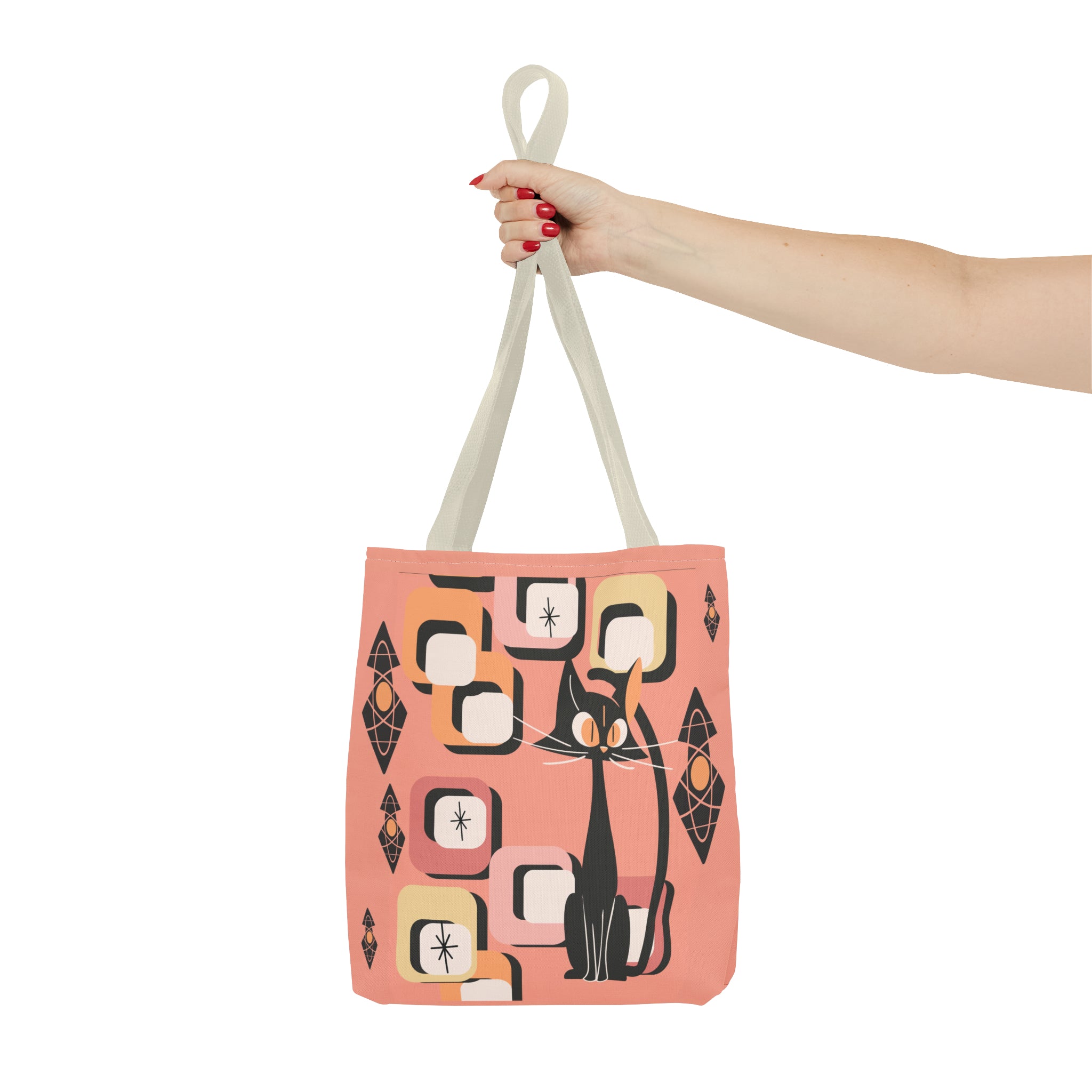 Atomic Cat Tote Bag, Coral Color, Mid Century Modern Geometric Designs, Mid Mod Retro Apparel - Mid Century Modern Gal