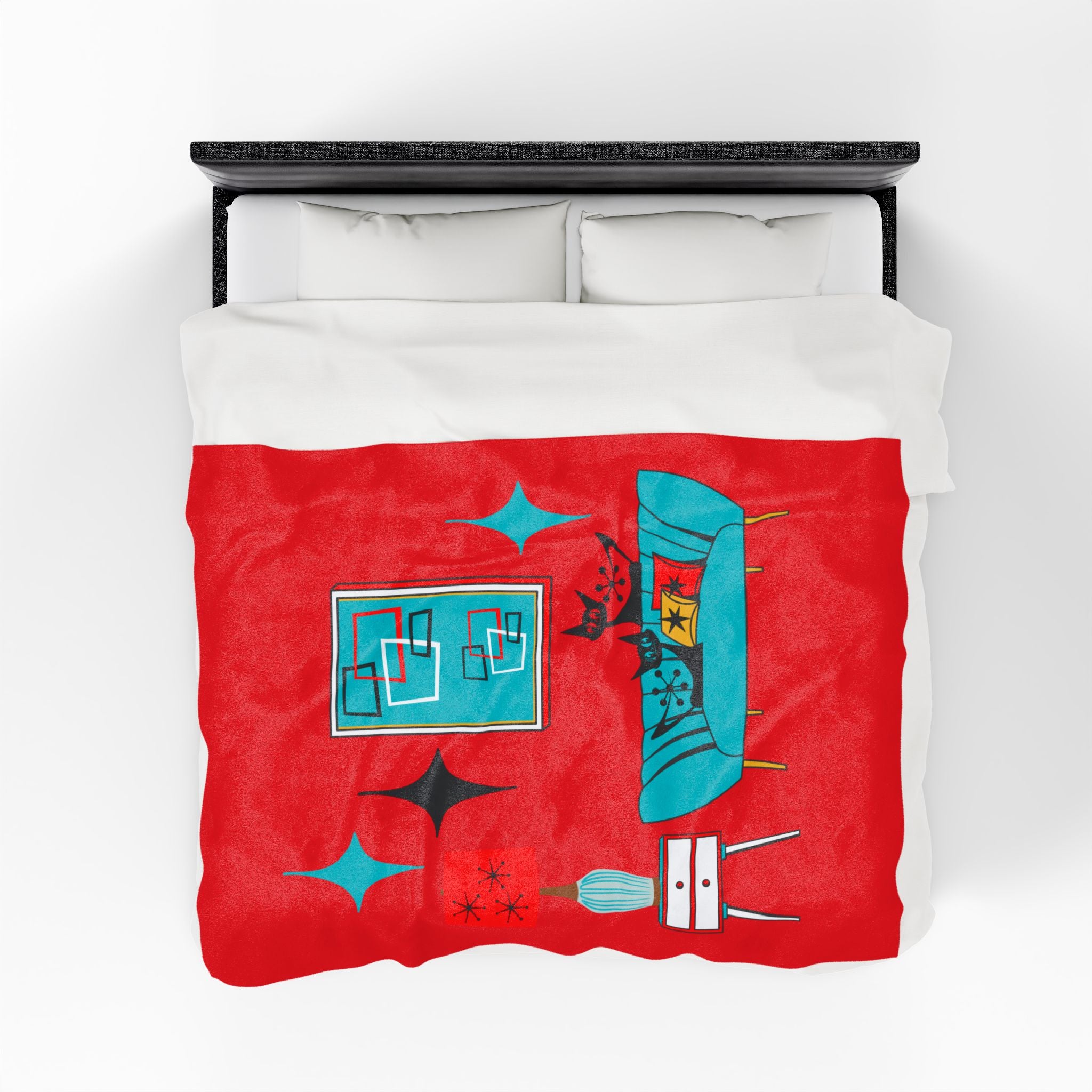Atomic Cat Art, Cozy Mid Century Modern, Retro Red, Aqua Blue, Teal, Starburst, Black Cat Lover Sherpa Blanket - Mid Century Modern Gal