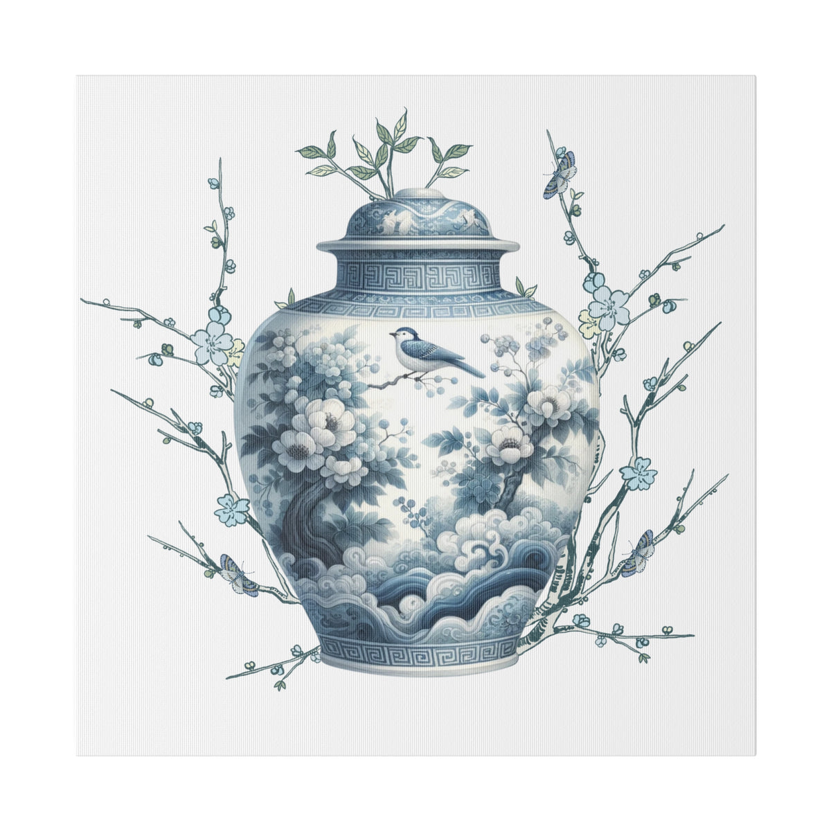 Chinoisiere Wall Art, Ginger Jar, Florals, Birds, Southern Elegance, Matte Canvas - Mid Century Modern Gal