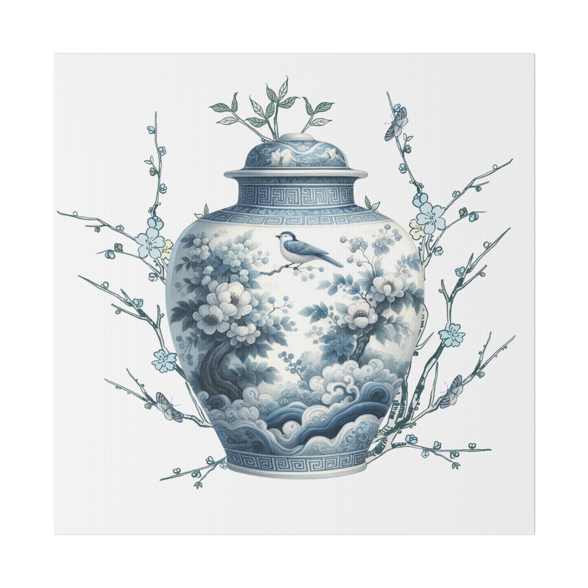 Chinoisiere Wall Art, Ginger Jar, Florals, Birds, Southern Elegance, Matte Canvas - Mid Century Modern Gal