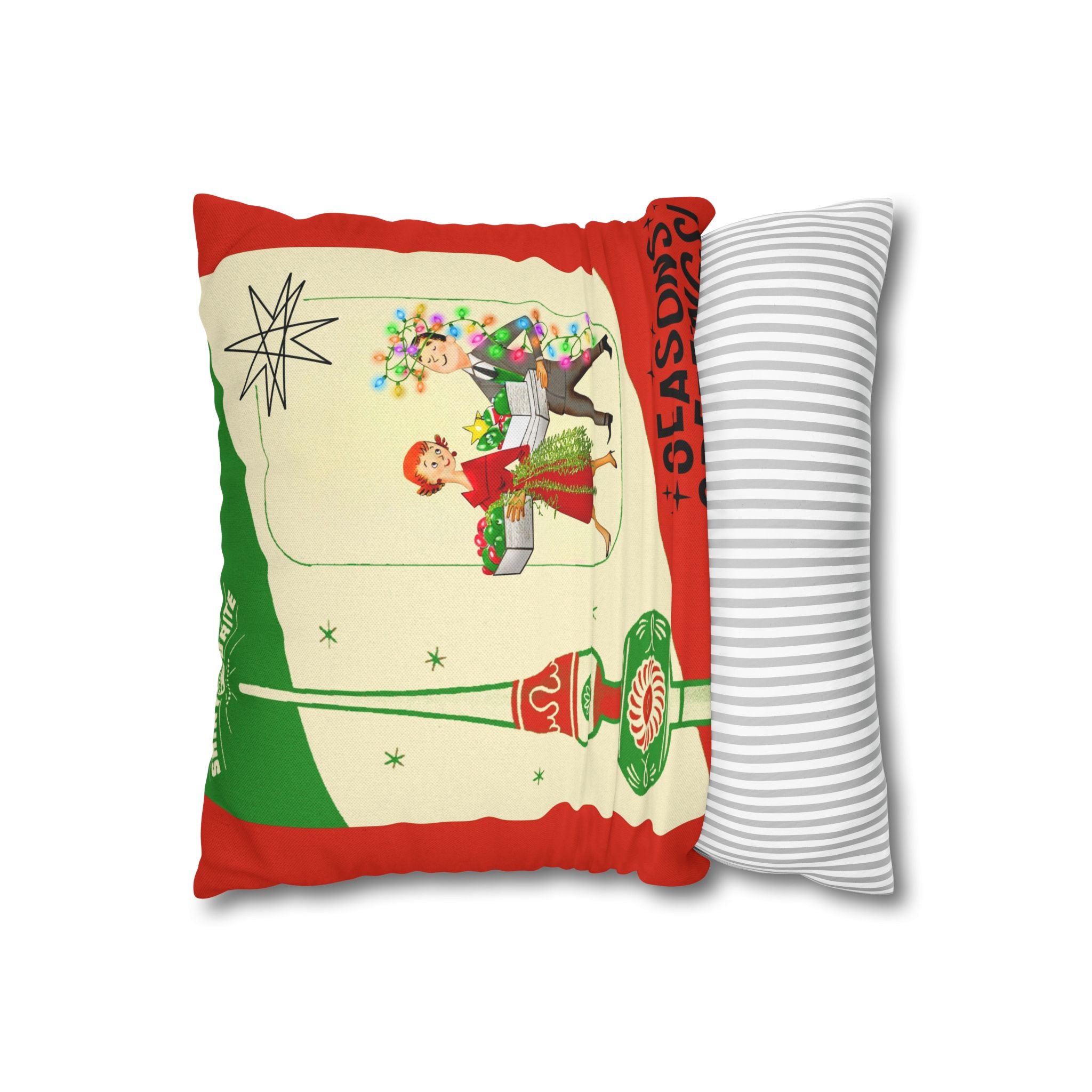 Shiny Brite Holiday Pillow Cover, Mid Century Modern Kitschy Couple Season Greetings - Mid Century Modern Gal