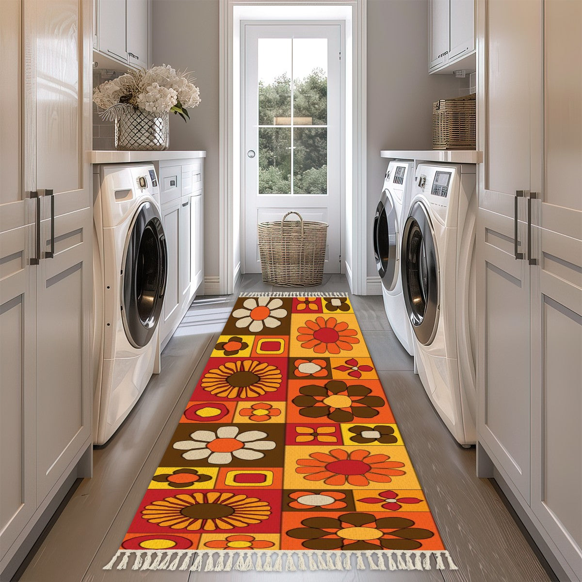 70s Boho Retro Groovy Flower Rug Runner with Tassels - Mid Century Modern Gal