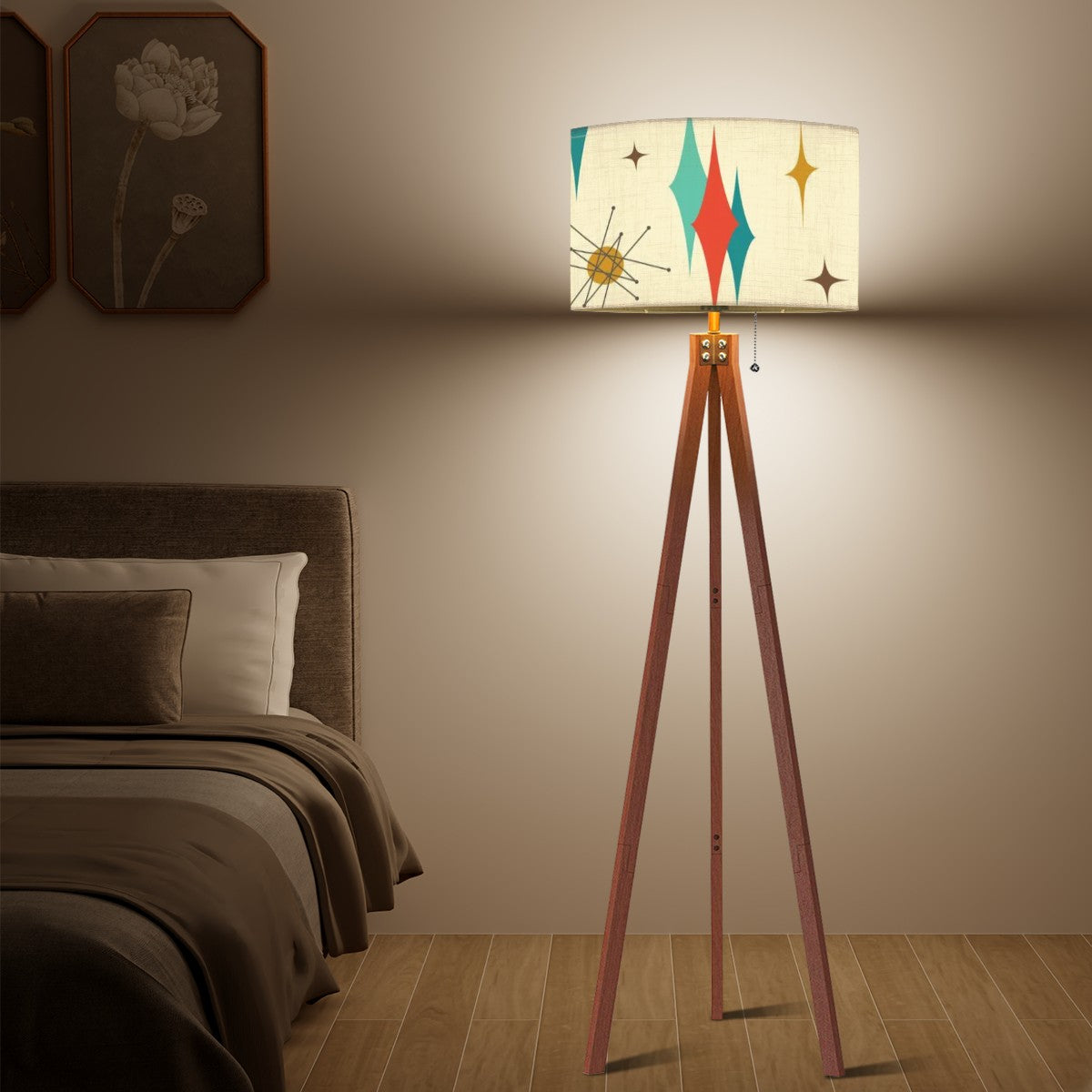 Franciscan Starburst Mid Century Modern Drum Shade Tripod Floor Lamp (Made in USA) - Mid Century Modern Gal