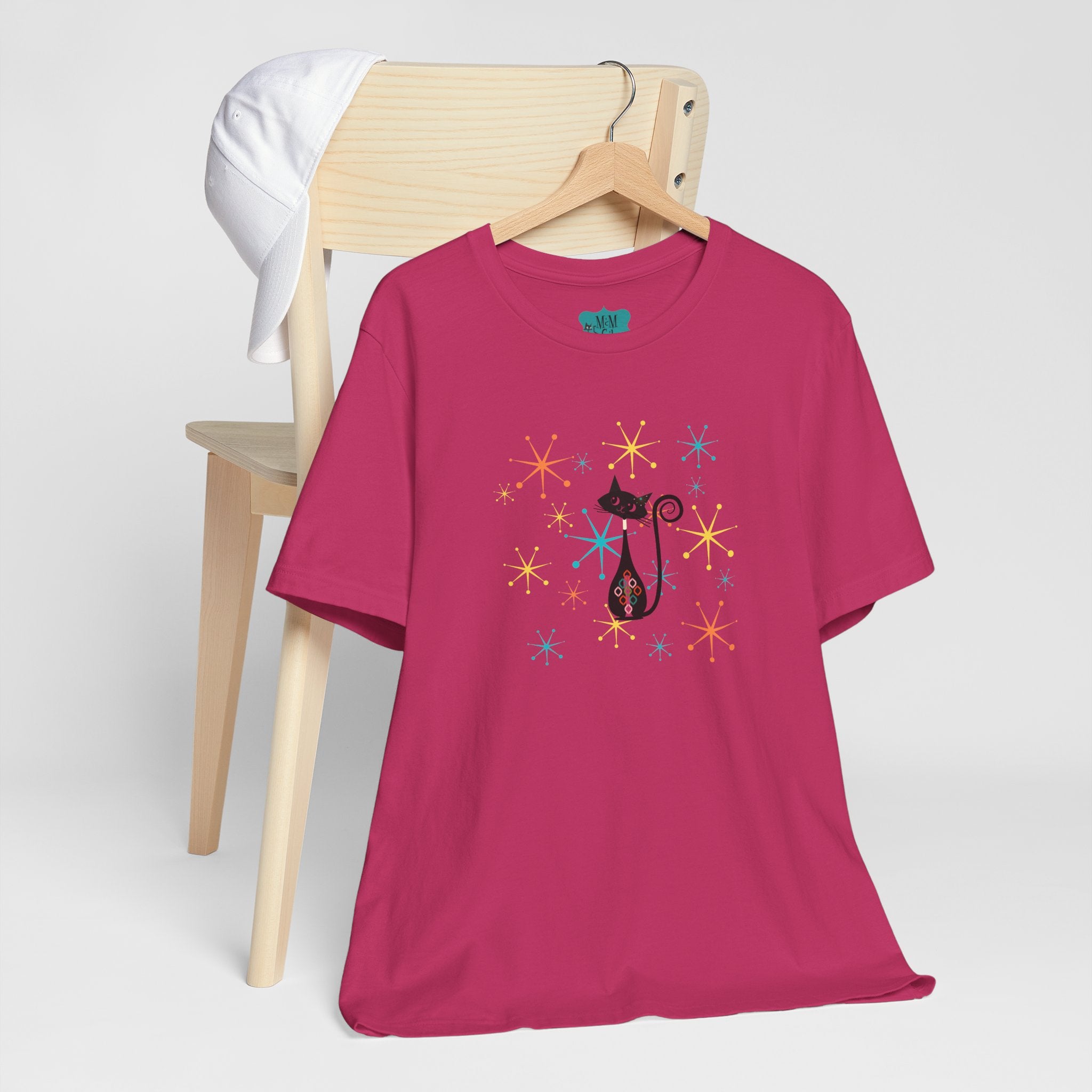 Atomic Cat Mid Century Modern Starburst Whimsical Cat Short Sleeve Tee - Colorful Star Design - Mid Century Modern Gal
