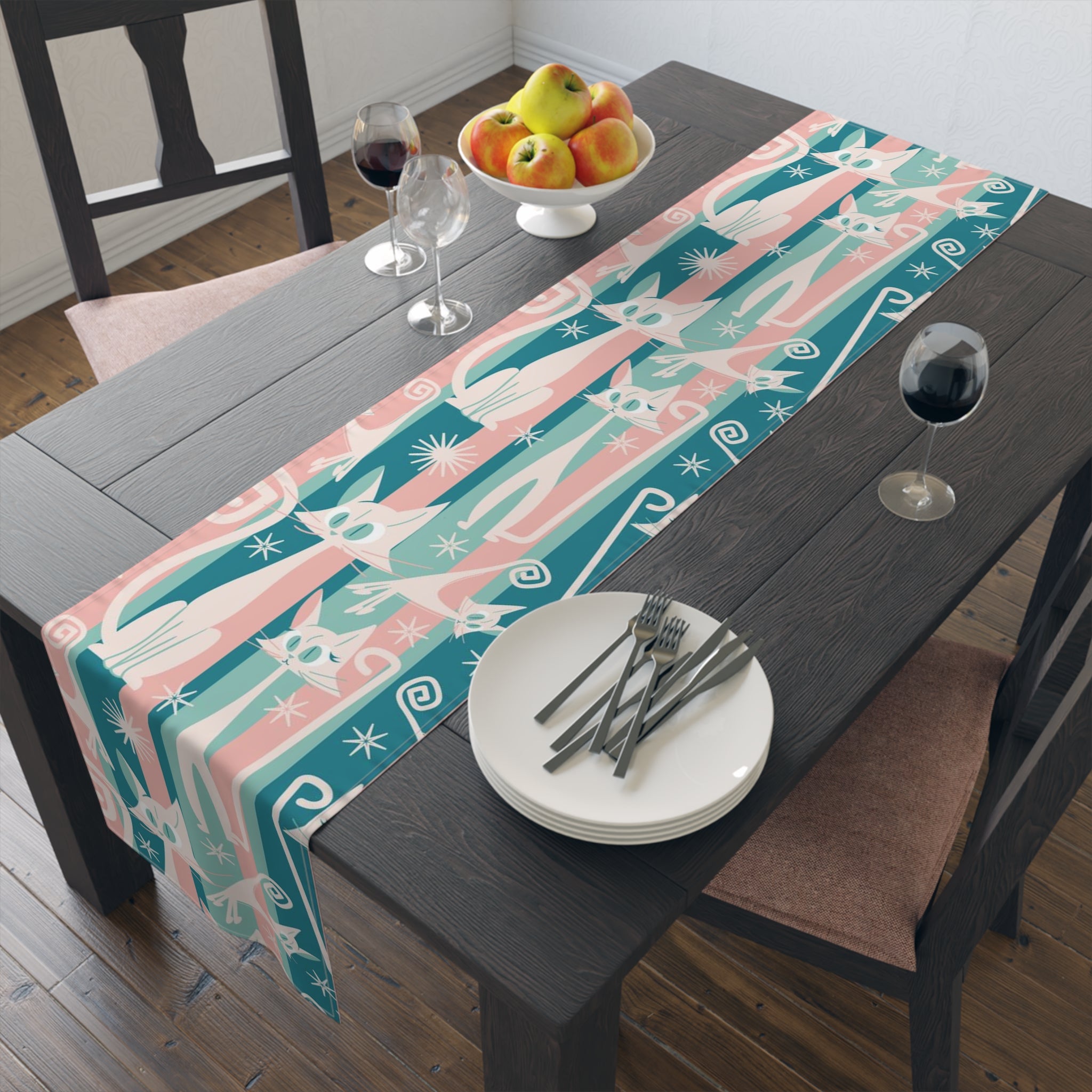 Kitschy Cat Cafe Aqua, Pink Bespoke Home Decor, Mid Century Modern Table Runner - Mid Century Modern Gal
