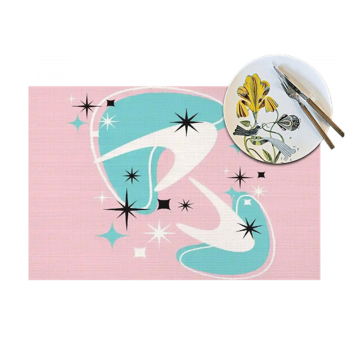 50s Pink Atomic Boomerang Aqua Blue White Mid Mod Woven Placemat - Mid Century Modern Gal