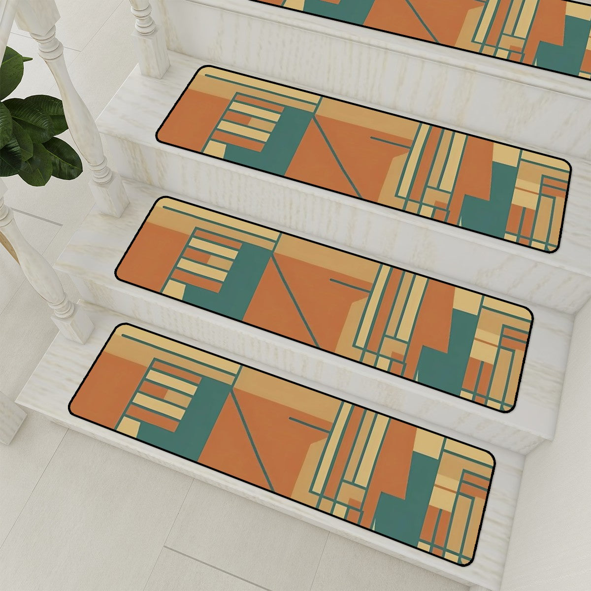 Mid Century Modern Bauhaus Designed Camel Brown Orange Teal Non Slip Carpet for Stairs Treads - Mid Century Modern Gal
