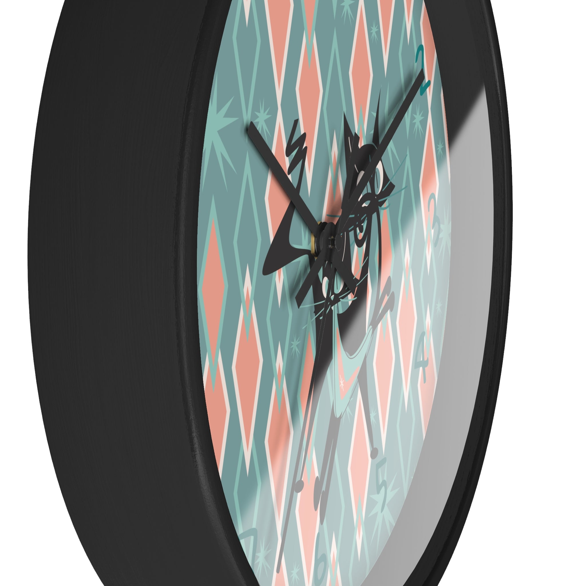 Retro Kitchen Wall Clock For Atomic Cat Black Cat Lovers, Mid Century Modern Designed, Teal, Pink Harlequin Diamond Designed MCM Clock - Mid Century Modern Gal