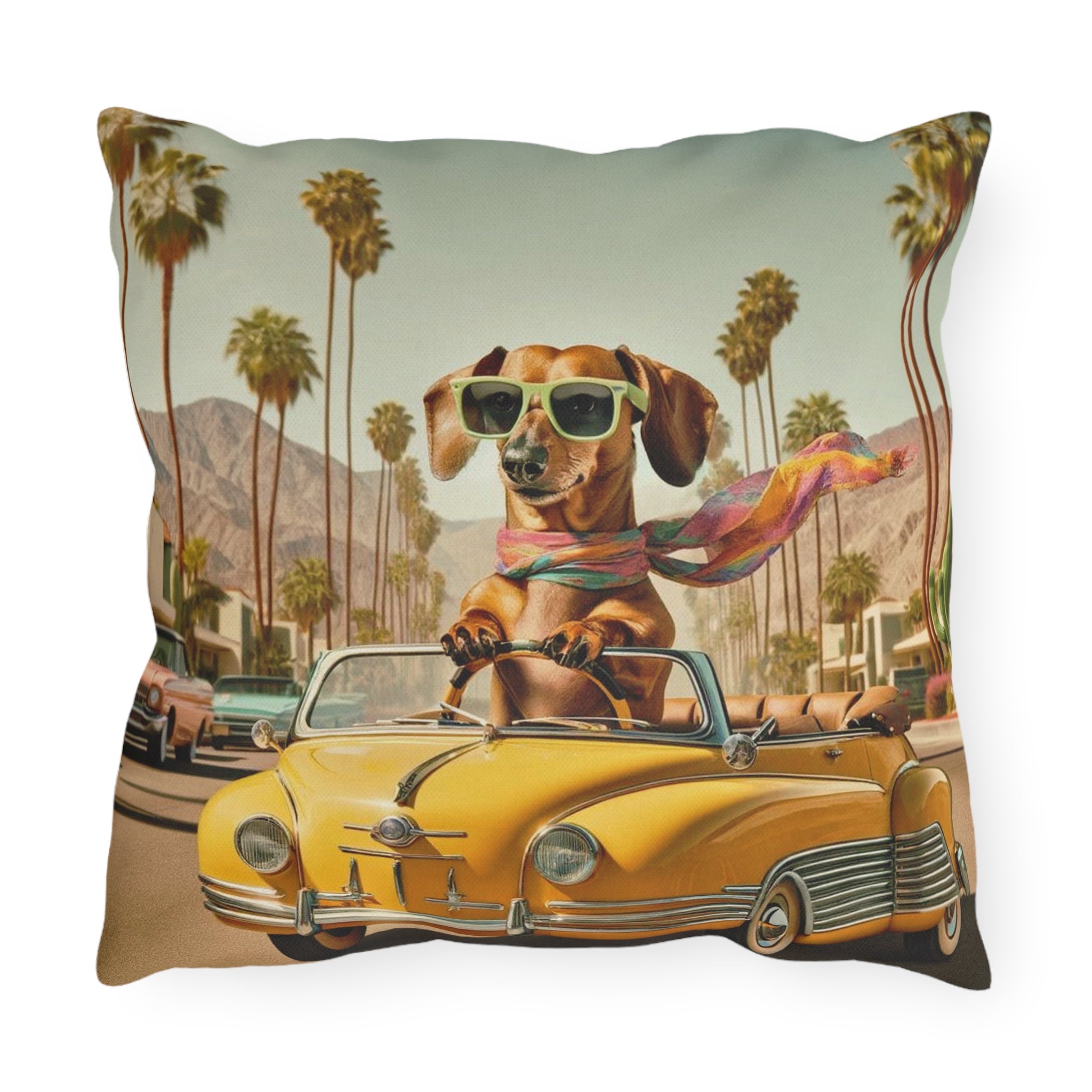 Doxie Dog, Retro Palm Springs Cali Kitschy Fun Outdoor Pillows - Mid Century Modern Gal