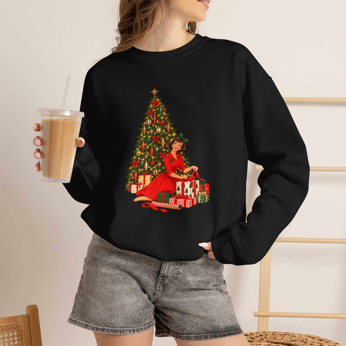 Mid Century Modern Christmas Glamour Gal Wrapping Presents by Tree Unisex Heavy Blend™ Crewneck Sweatshirt - Mid Century Modern Gal