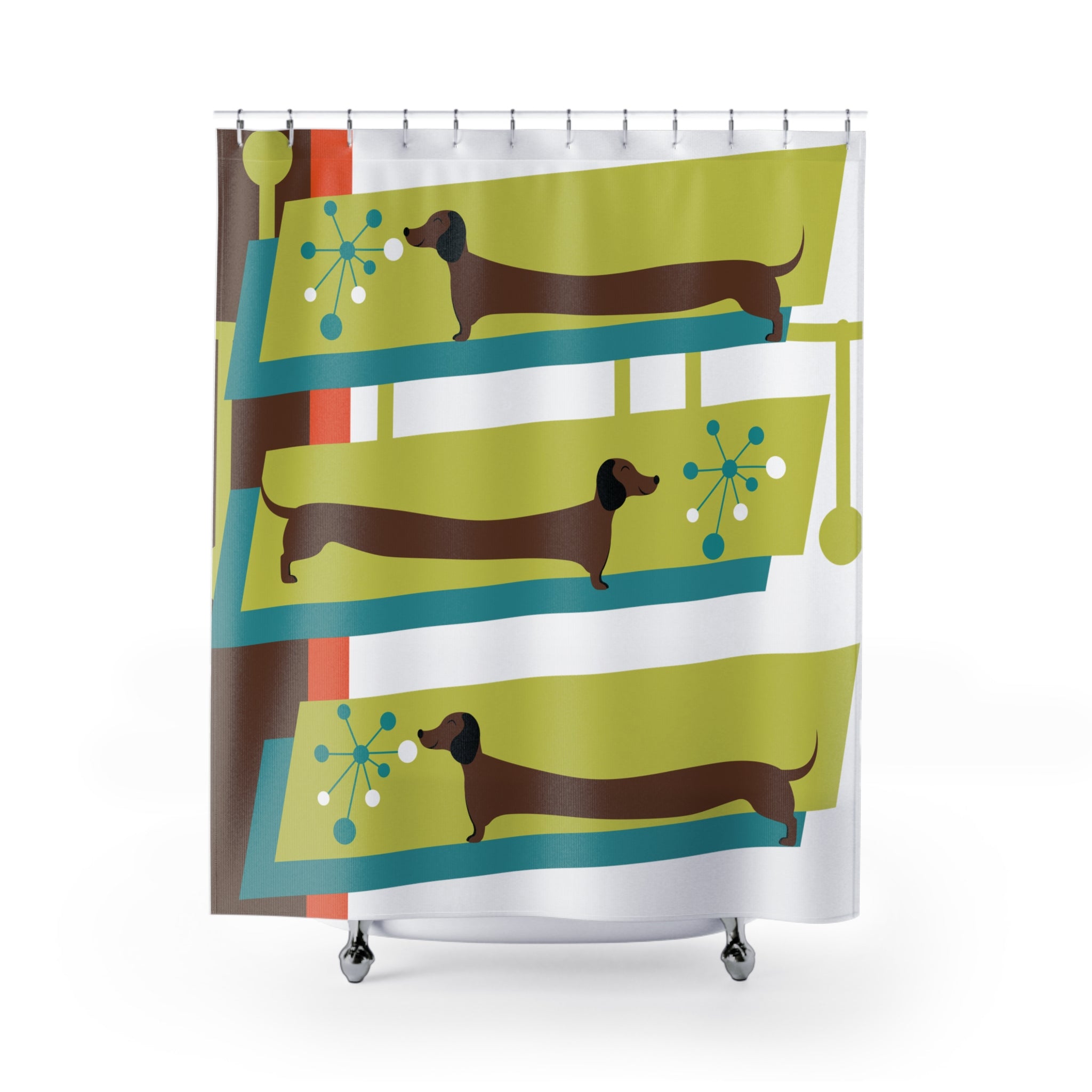 Mid Century Modern Doxie Dog, Dachshund Lover, Retro Mod Shower Curtains - Mid Century Modern Gal