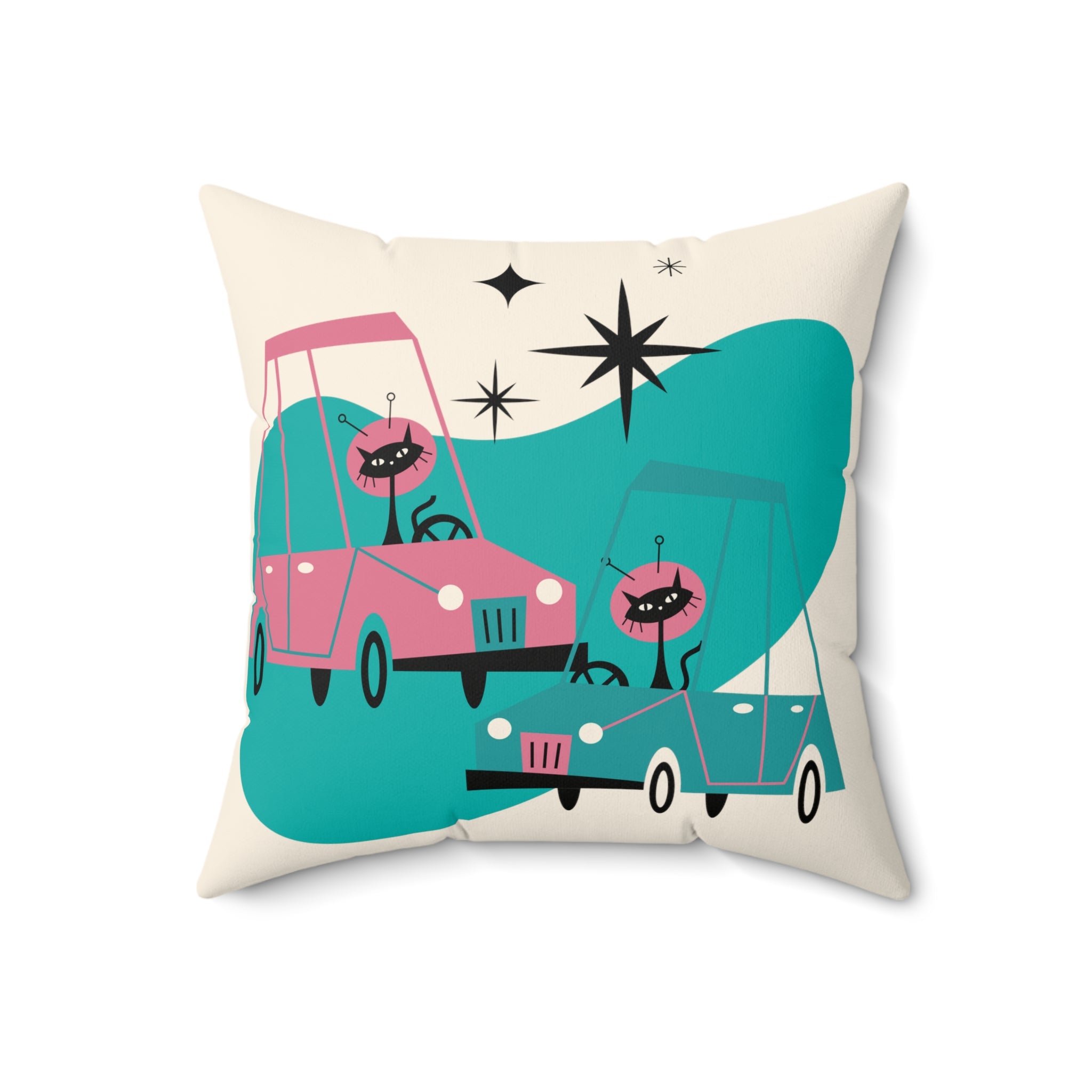 Atomic Space Cats, Beep Beep, Retro Cars, Space Kitties, Kitschy Fun Quirky Throw Pillow With Insert - Mid Century Modern Gal