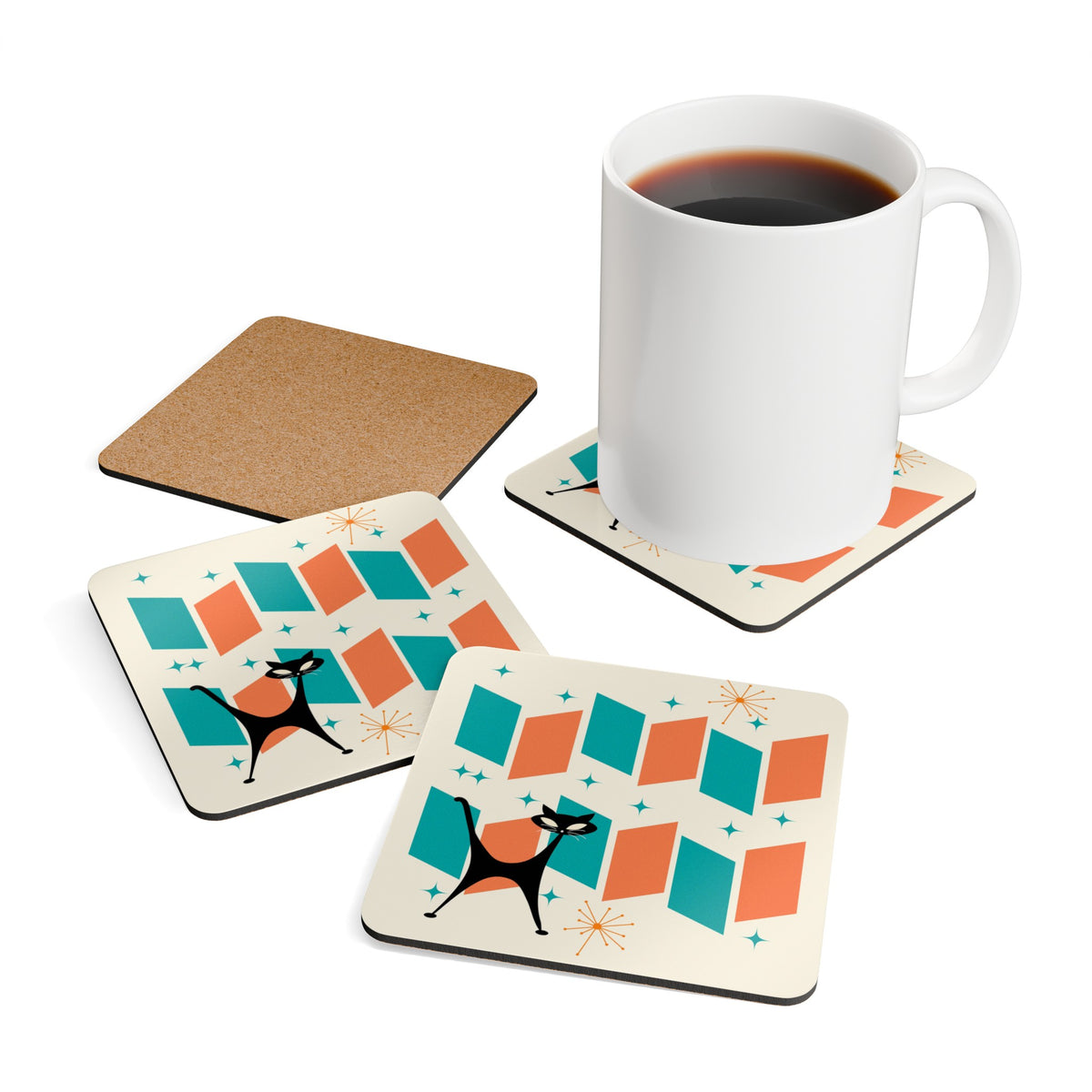 Atomic Cat Coaster Set, Orange, Teal, Retro Mod Corkwood Coaster Set - Mid Century Modern Gal