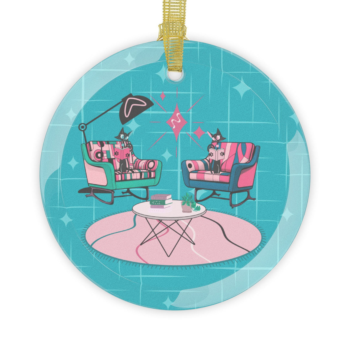 Cats Reading Kitschy Mod Atomic Retro Modern Glass Ornament - Mid Century Modern Gal