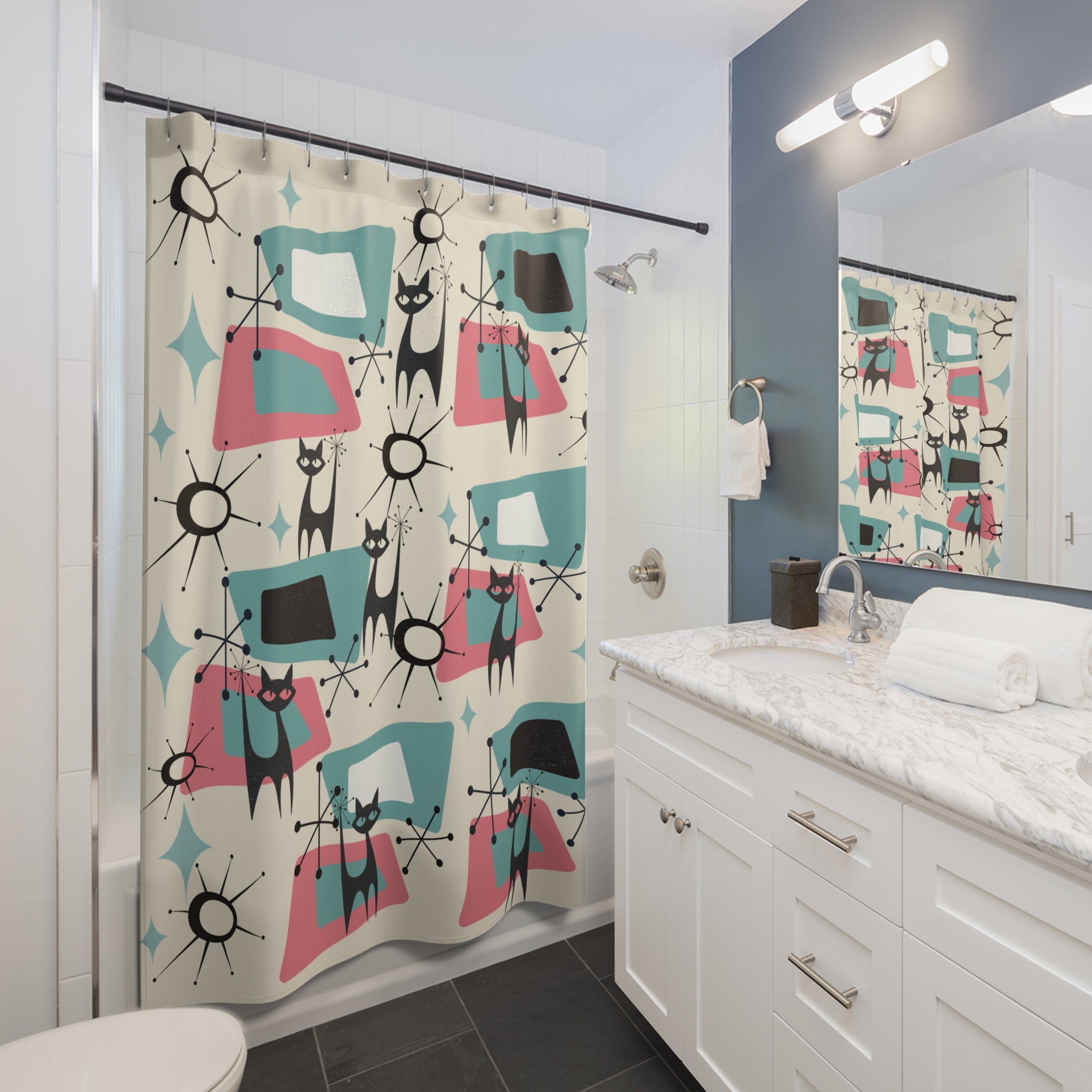 Atomic Space Kitties In Flight, Mid Century Modern Shower Curtain - Mid Century Modern Gal