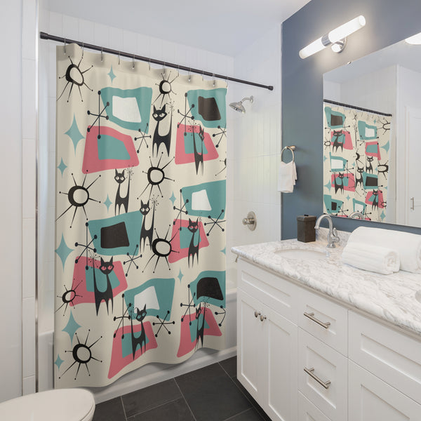 Atomic Space Kitties In Flight, Mid Century Modern Shower Curtain