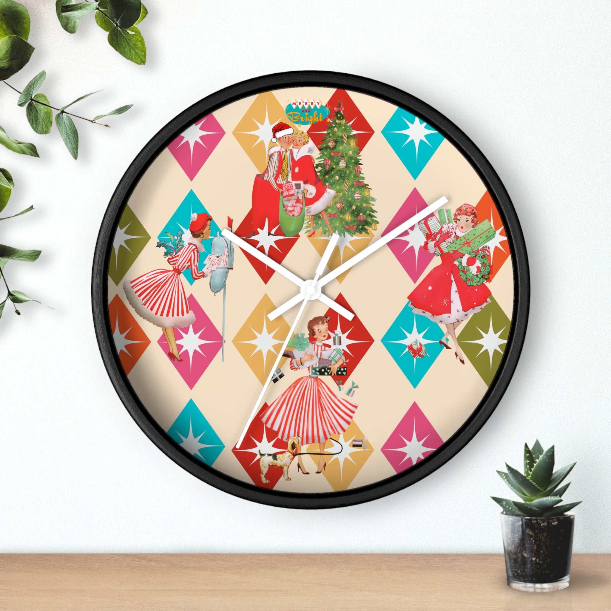Holiday Retro Vintage Christmas Kitsch, Mid Century Modern Christmas Card Fun Kitschy 50s X-mas Wall Clock - Mid Century Modern Gal