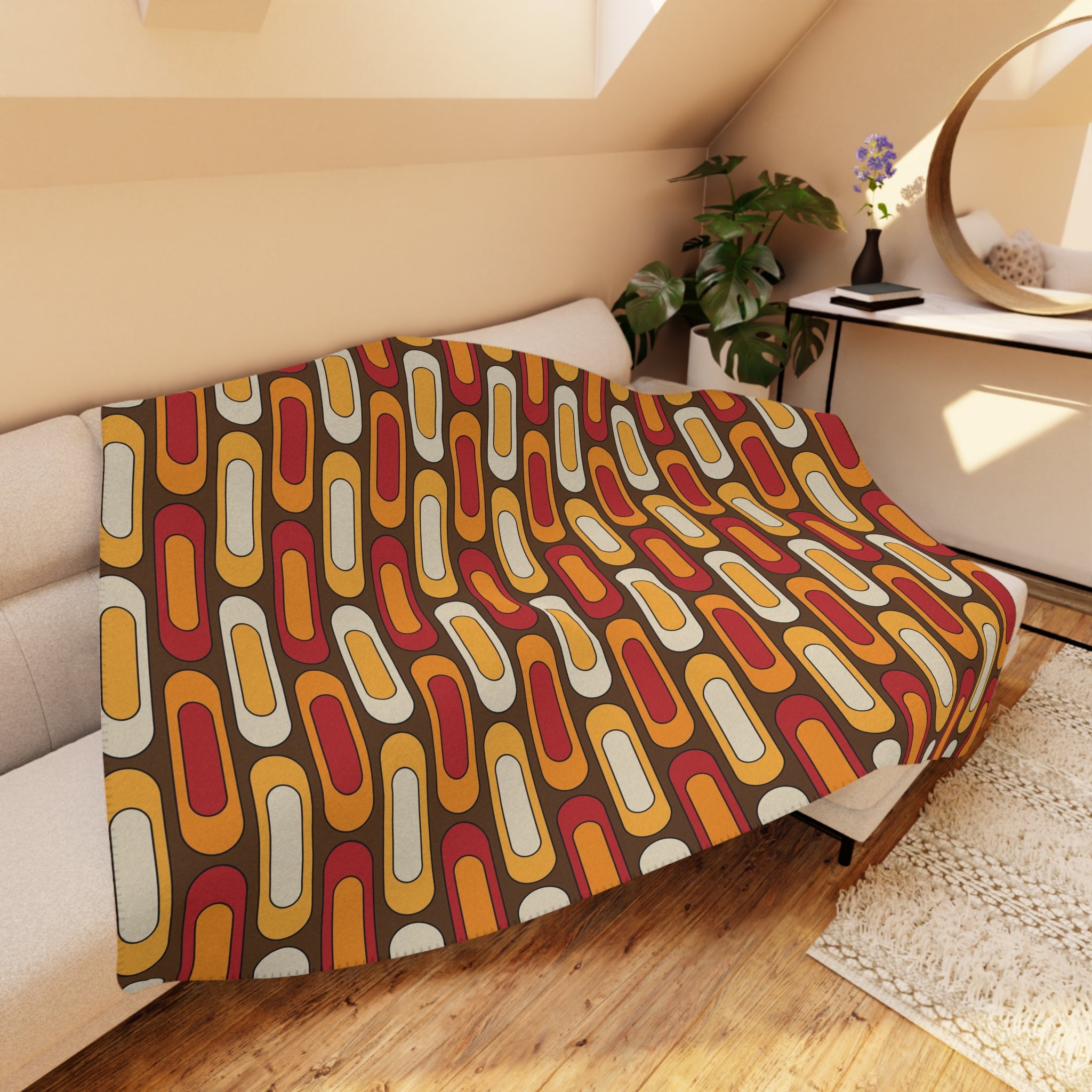 Mid Century Modern Blanket, Geometric Brown, Mustard Yellow, Burnt Red Cozy Retro Tan Sherpa Blanket - Mid Century Modern Gal