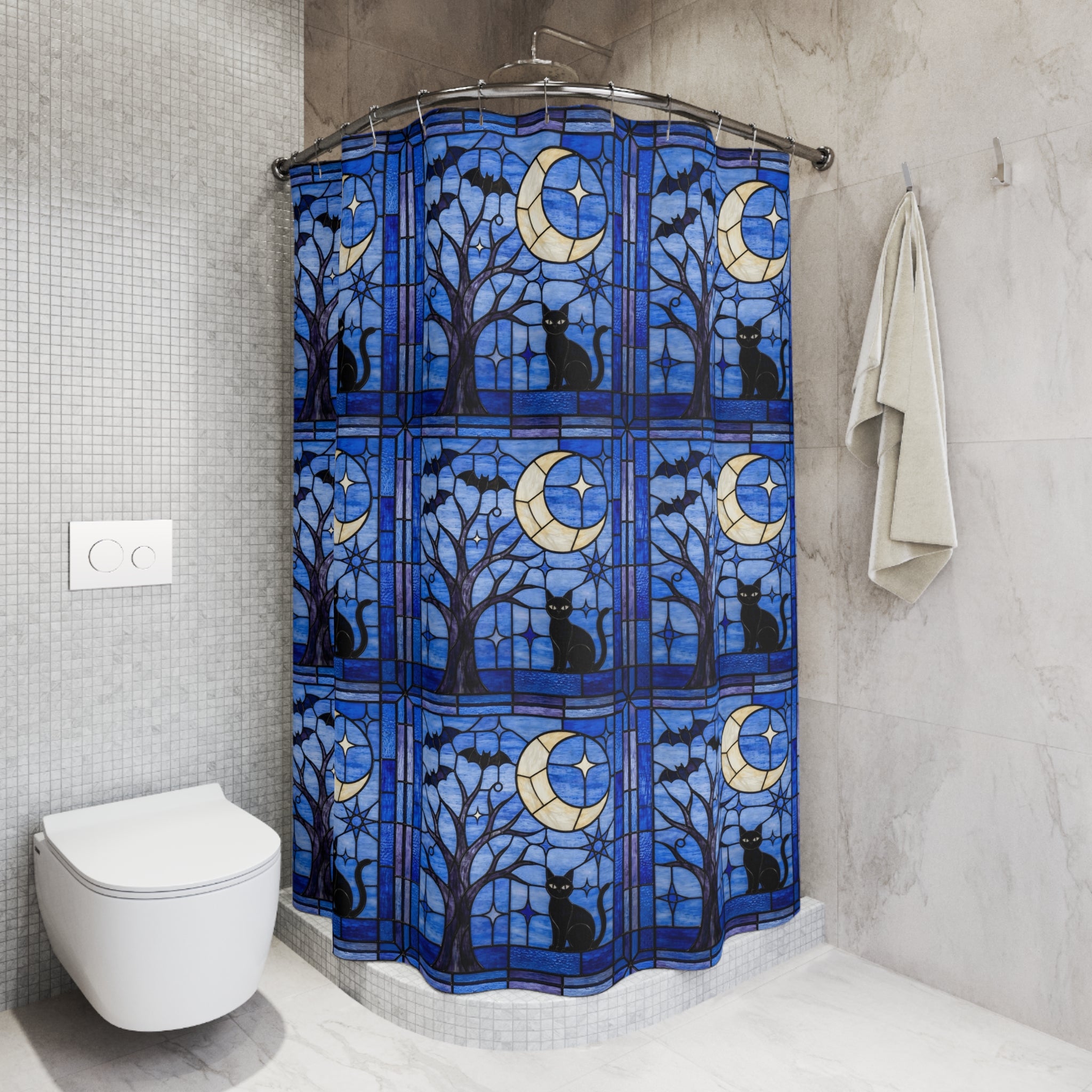 Halloween Stained Glass Style Night Sky Black Cat Shower Curtain - Mid Century Modern Gal